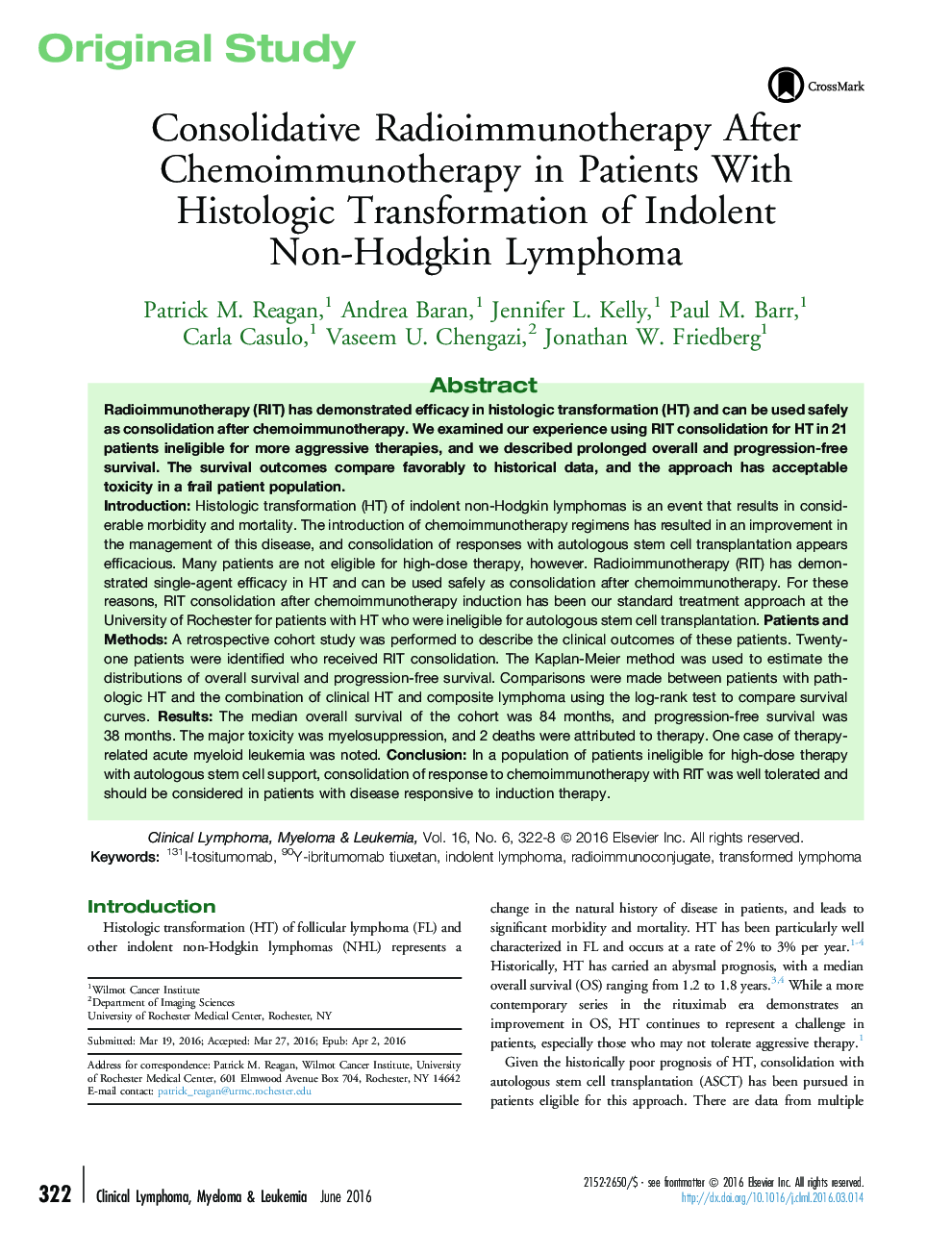 Consolidative Radioimmunotherapy After Chemoimmunotherapy in Patients With Histologic Transformation of Indolent Non-Hodgkin Lymphoma
