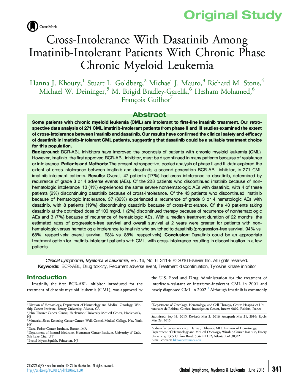 Cross-Intolerance With Dasatinib Among Imatinib-Intolerant Patients With Chronic Phase Chronic Myeloid Leukemia