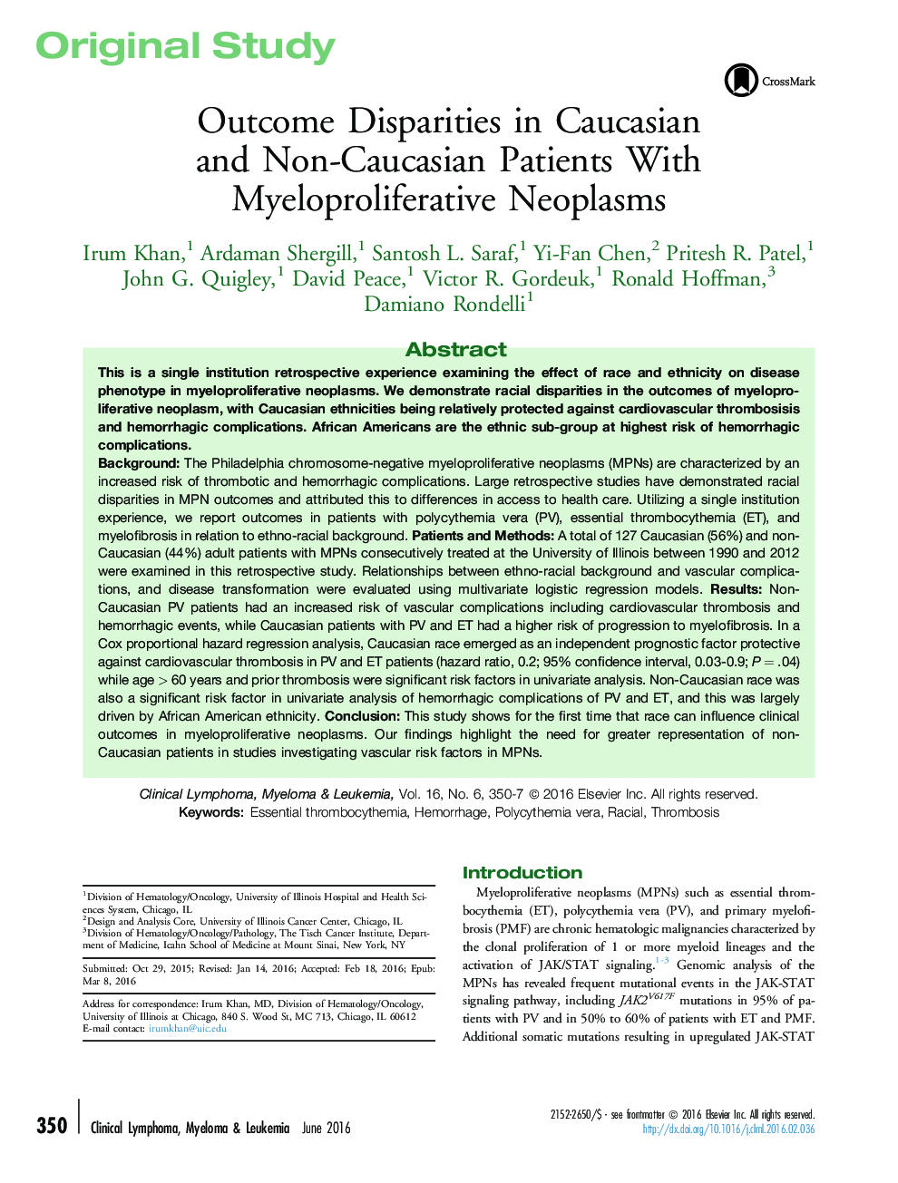 Outcome Disparities in Caucasian and Non-Caucasian Patients With Myeloproliferative Neoplasms