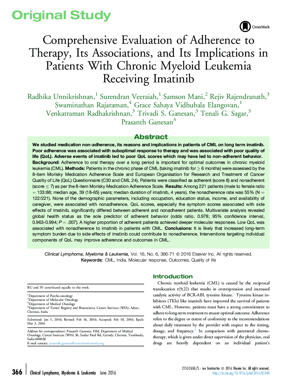 Comprehensive Evaluation of Adherence to Therapy, Its Associations, and Its Implications in Patients With Chronic Myeloid Leukemia Receiving Imatinib