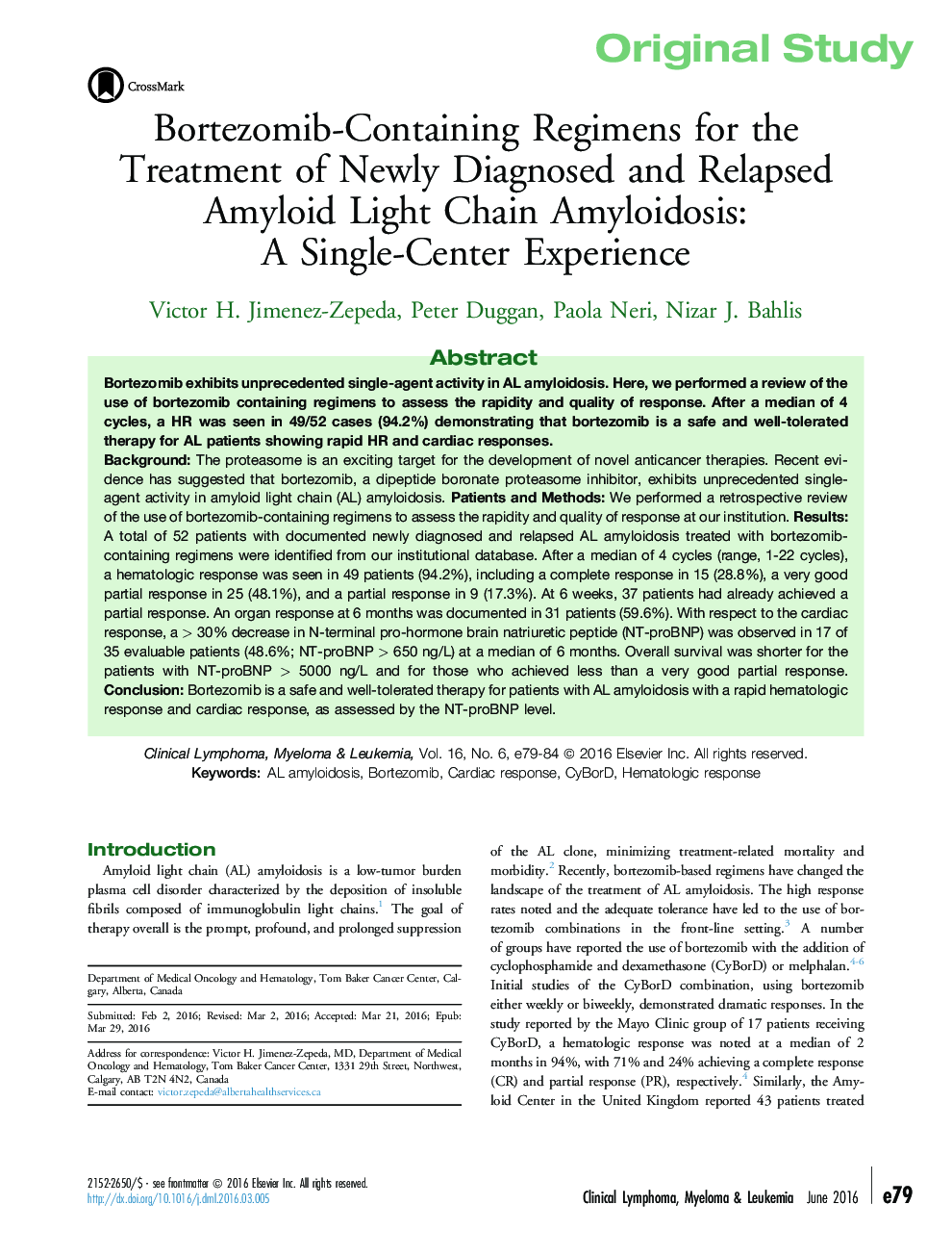 Bortezomib-Containing Regimens for the Treatment of Newly Diagnosed and Relapsed Amyloid Light Chain Amyloidosis: A Single-Center Experience