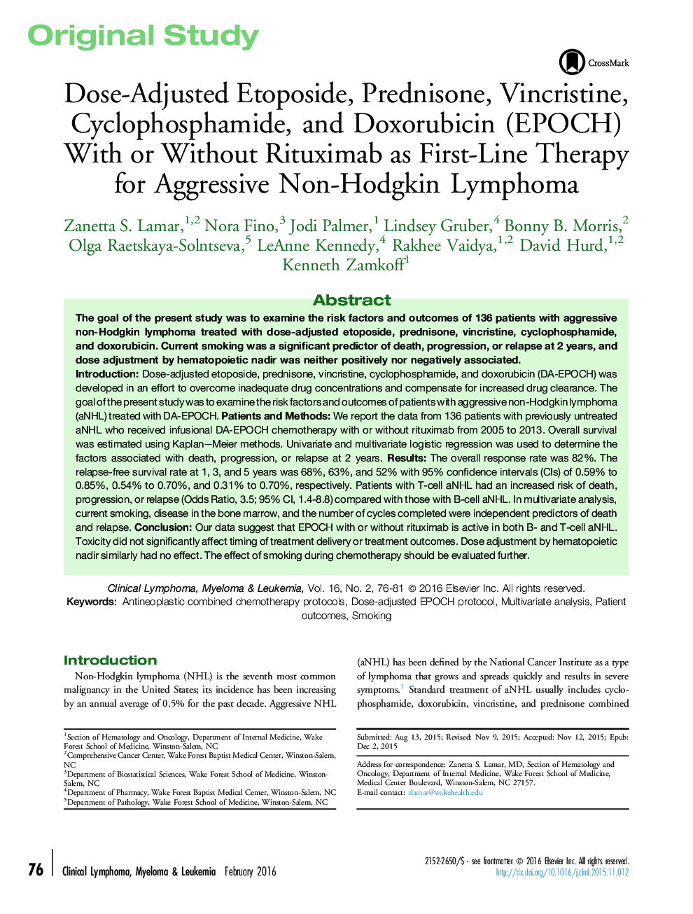 Dose-Adjusted Etoposide, Prednisone, Vincristine, Cyclophosphamide, and Doxorubicin (EPOCH) With or Without Rituximab as First-Line Therapy for Aggressive Non-Hodgkin Lymphoma