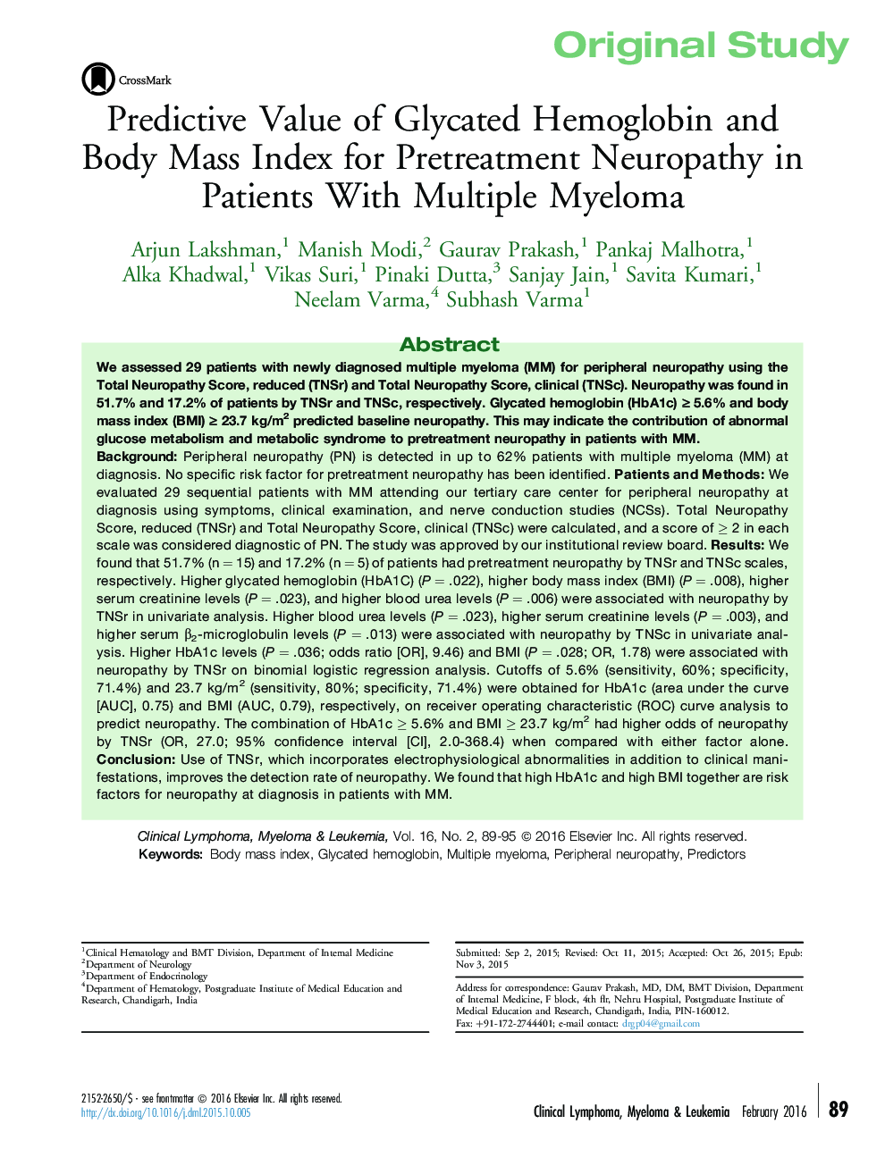 Predictive Value of Glycated Hemoglobin and Body Mass Index for Pretreatment Neuropathy in Patients With Multiple Myeloma