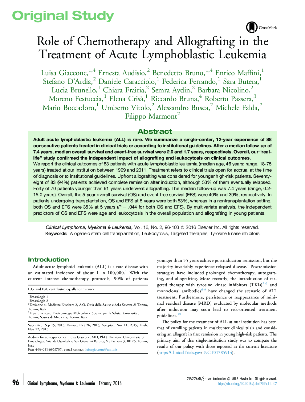 Role of Chemotherapy and Allografting in the Treatment of Acute Lymphoblastic Leukemia 