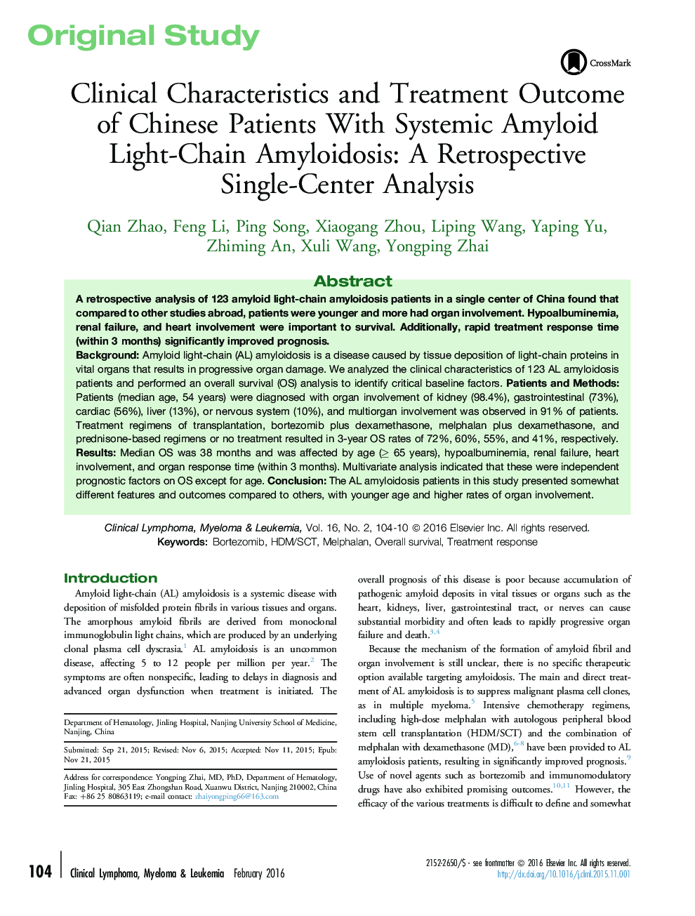 Clinical Characteristics and Treatment Outcome of Chinese Patients With Systemic Amyloid Light-Chain Amyloidosis: A Retrospective Single-Center Analysis