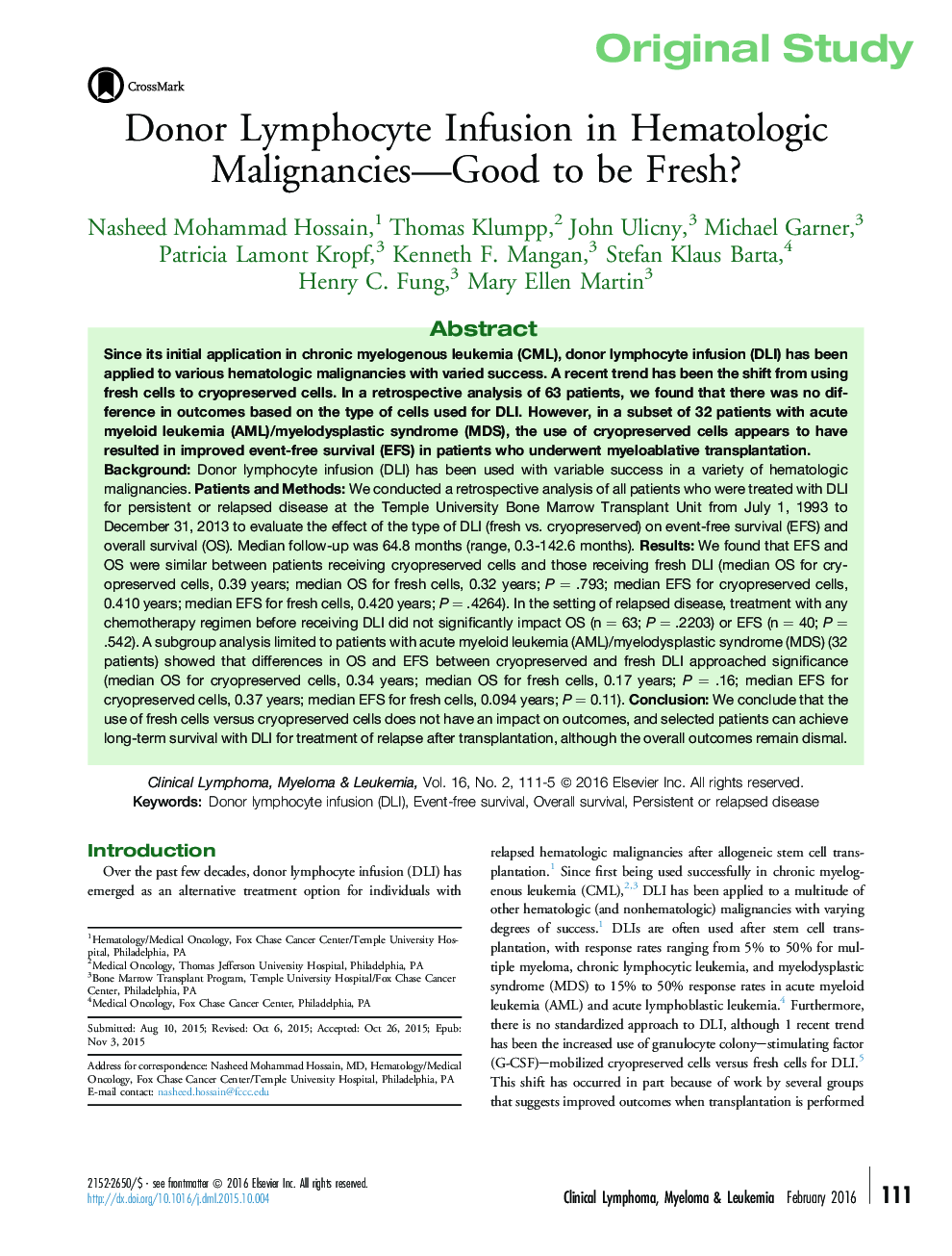 Donor Lymphocyte Infusion in Hematologic Malignancies—Good to be Fresh?