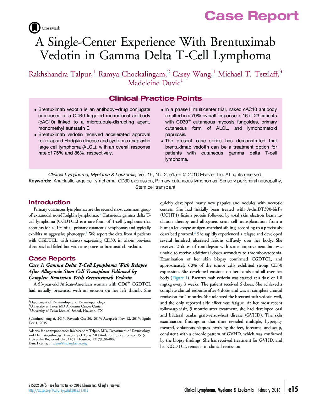 A Single-Center Experience With Brentuximab Vedotin in Gamma Delta T-Cell Lymphoma