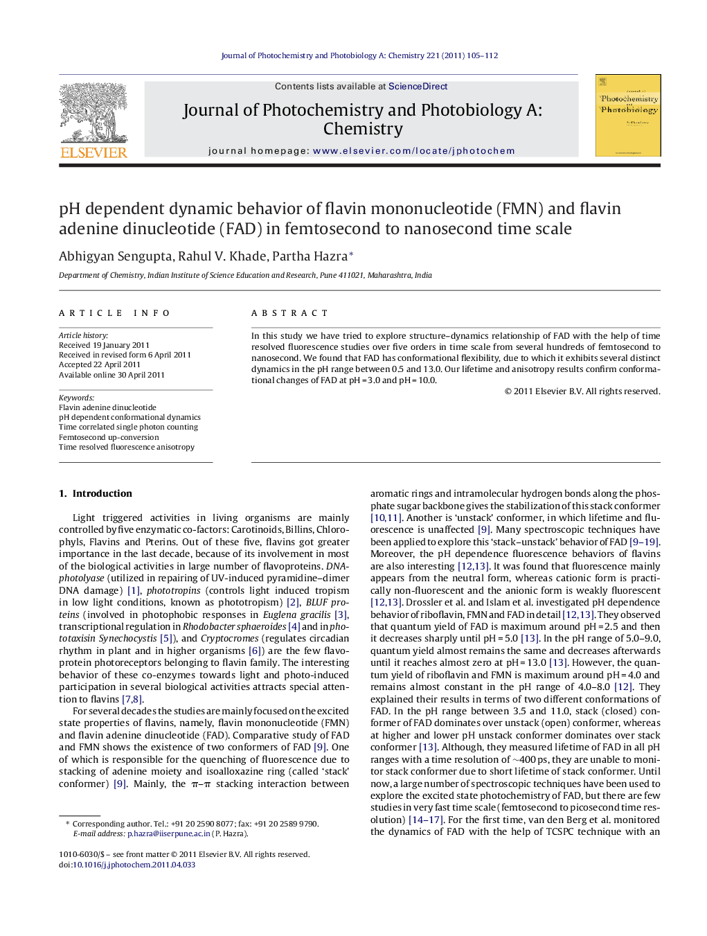 pH dependent dynamic behavior of flavin mononucleotide (FMN) and flavin adenine dinucleotide (FAD) in femtosecond to nanosecond time scale