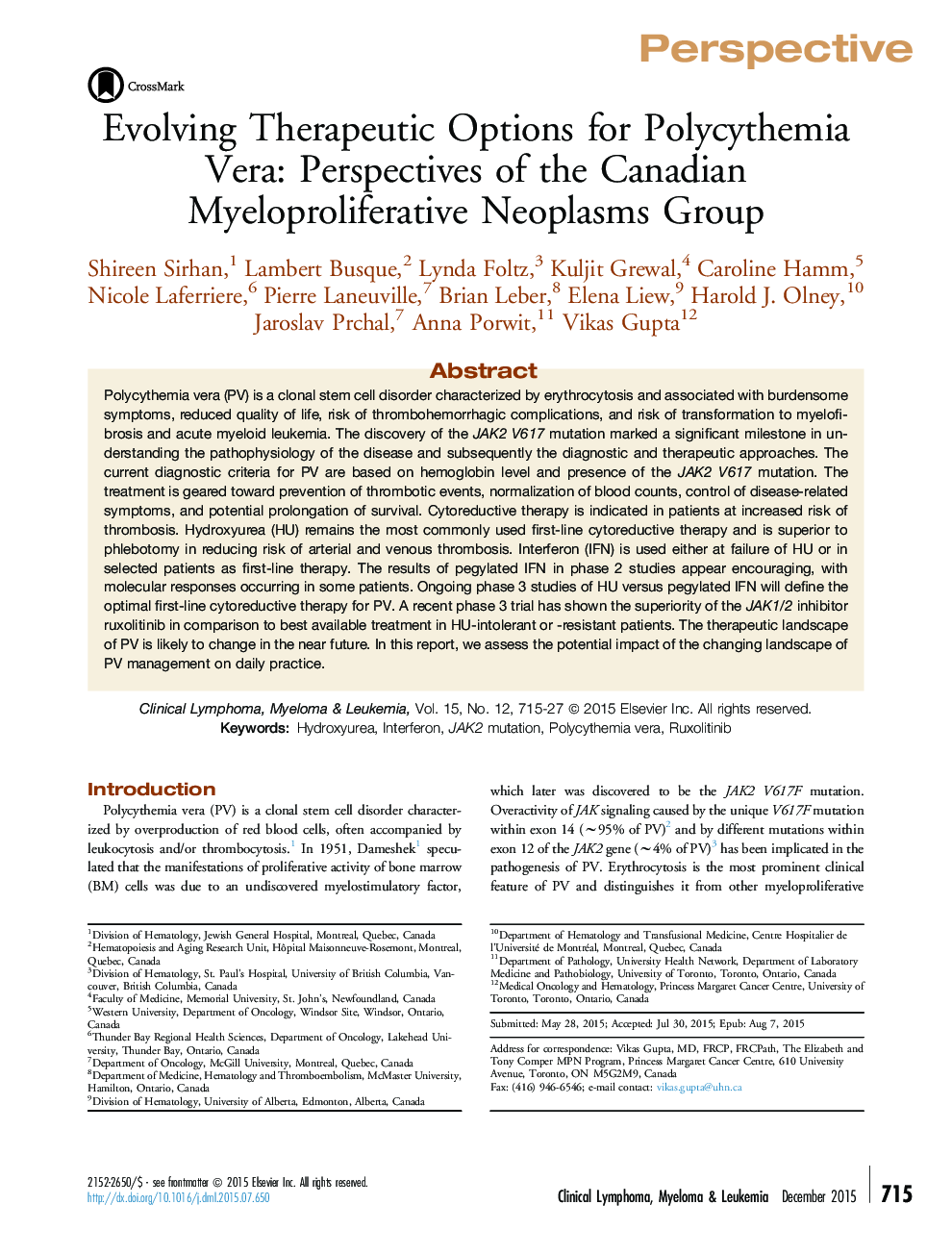 Evolving Therapeutic Options for Polycythemia Vera: Perspectives of the Canadian Myeloproliferative Neoplasms Group