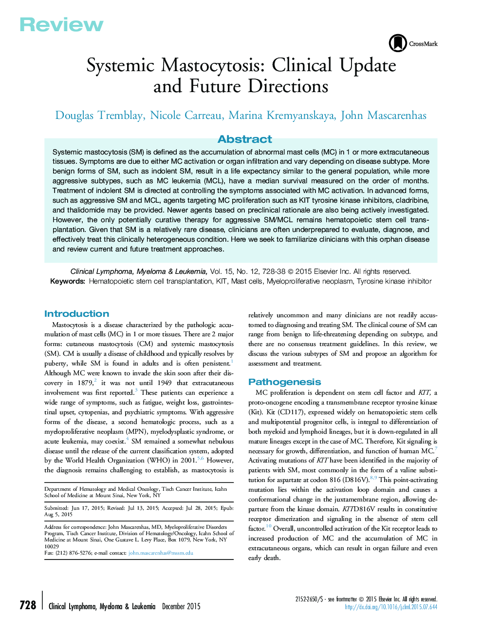 Systemic Mastocytosis: Clinical Update and Future Directions