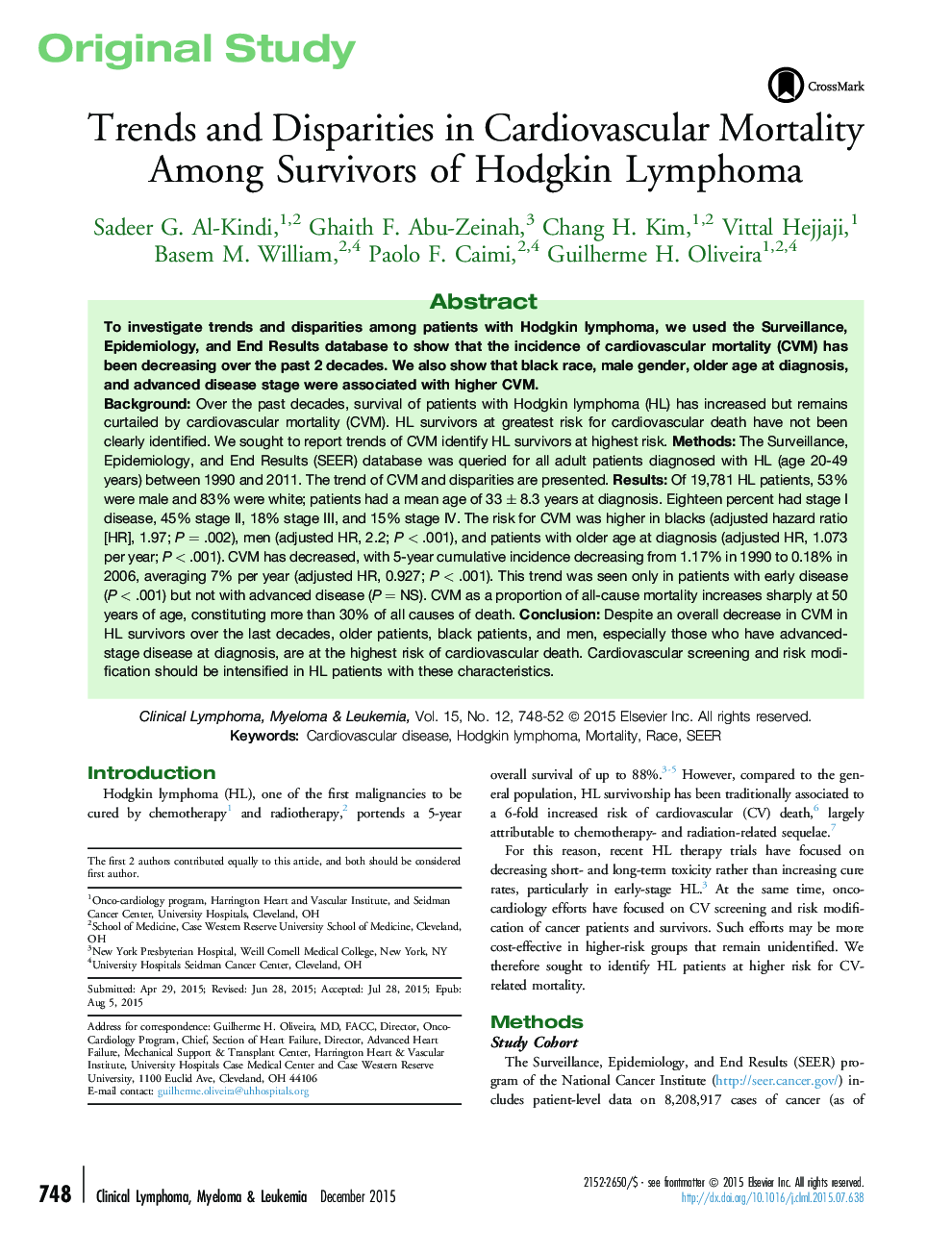 Trends and Disparities in Cardiovascular Mortality Among Survivors of Hodgkin Lymphoma 