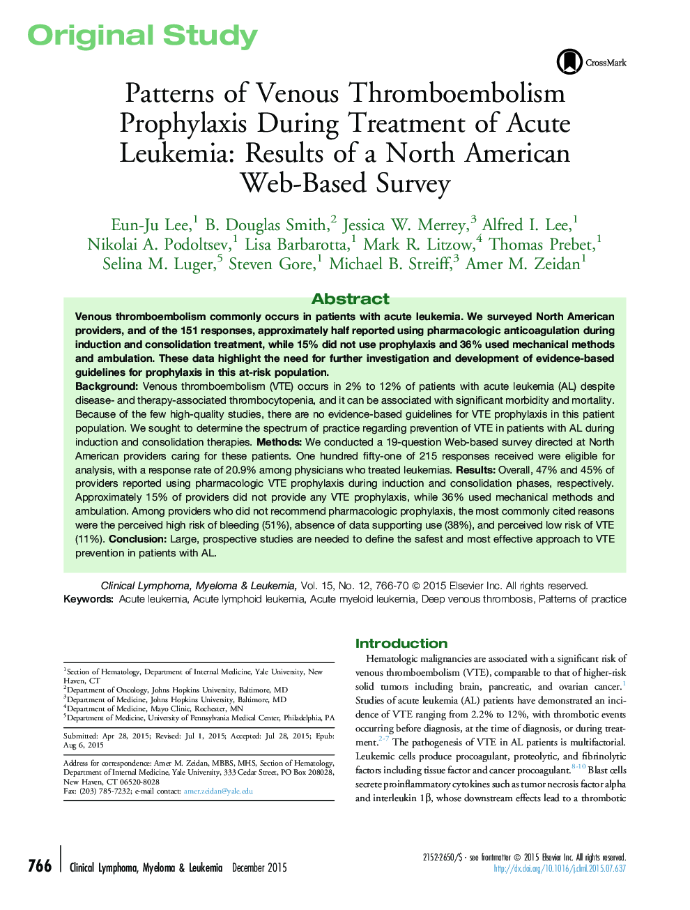 Patterns of Venous Thromboembolism Prophylaxis During Treatment of Acute Leukemia: Results of a North American Web-Based Survey