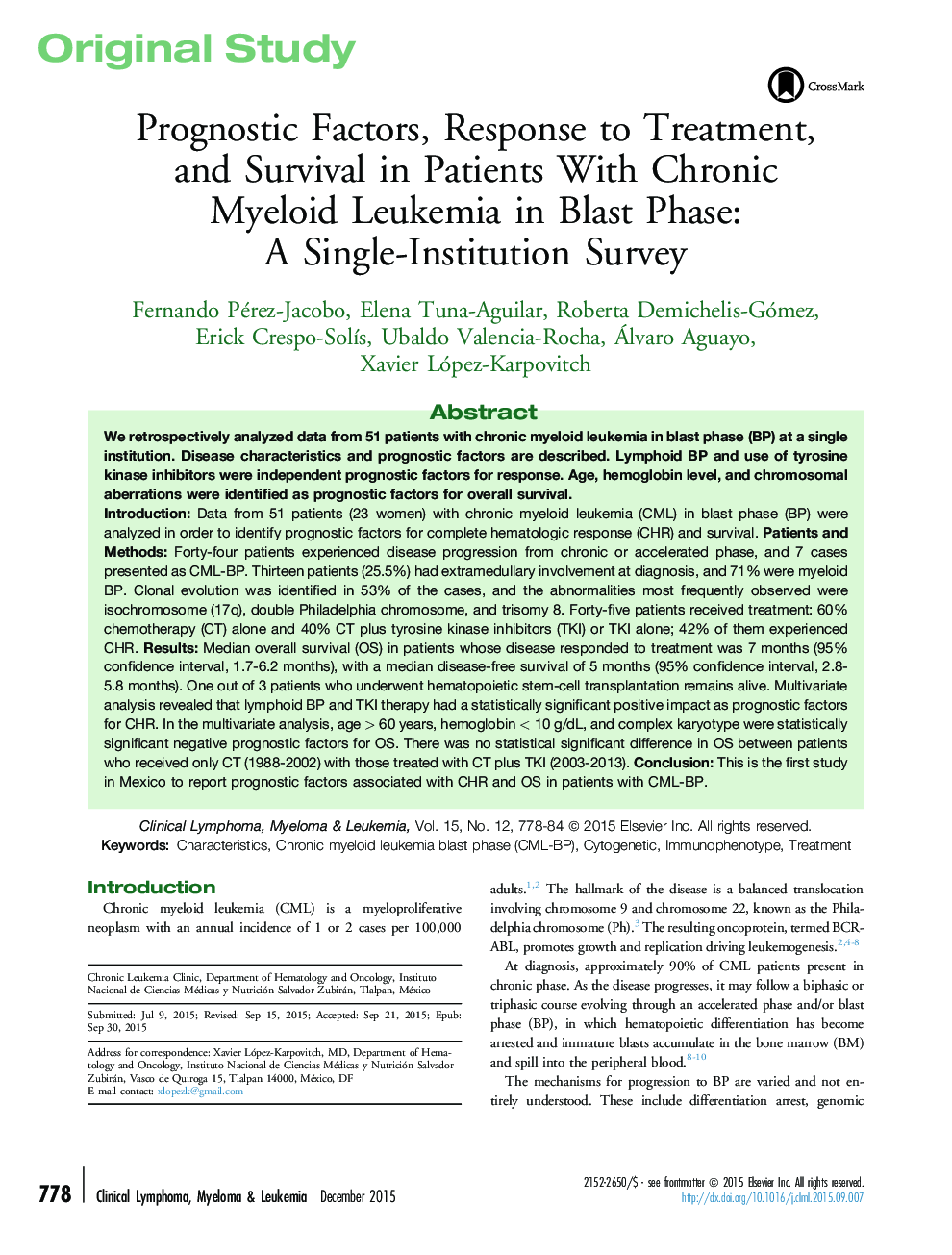 Prognostic Factors, Response to Treatment, and Survival in Patients With Chronic Myeloid Leukemia in Blast Phase: A Single-Institution Survey