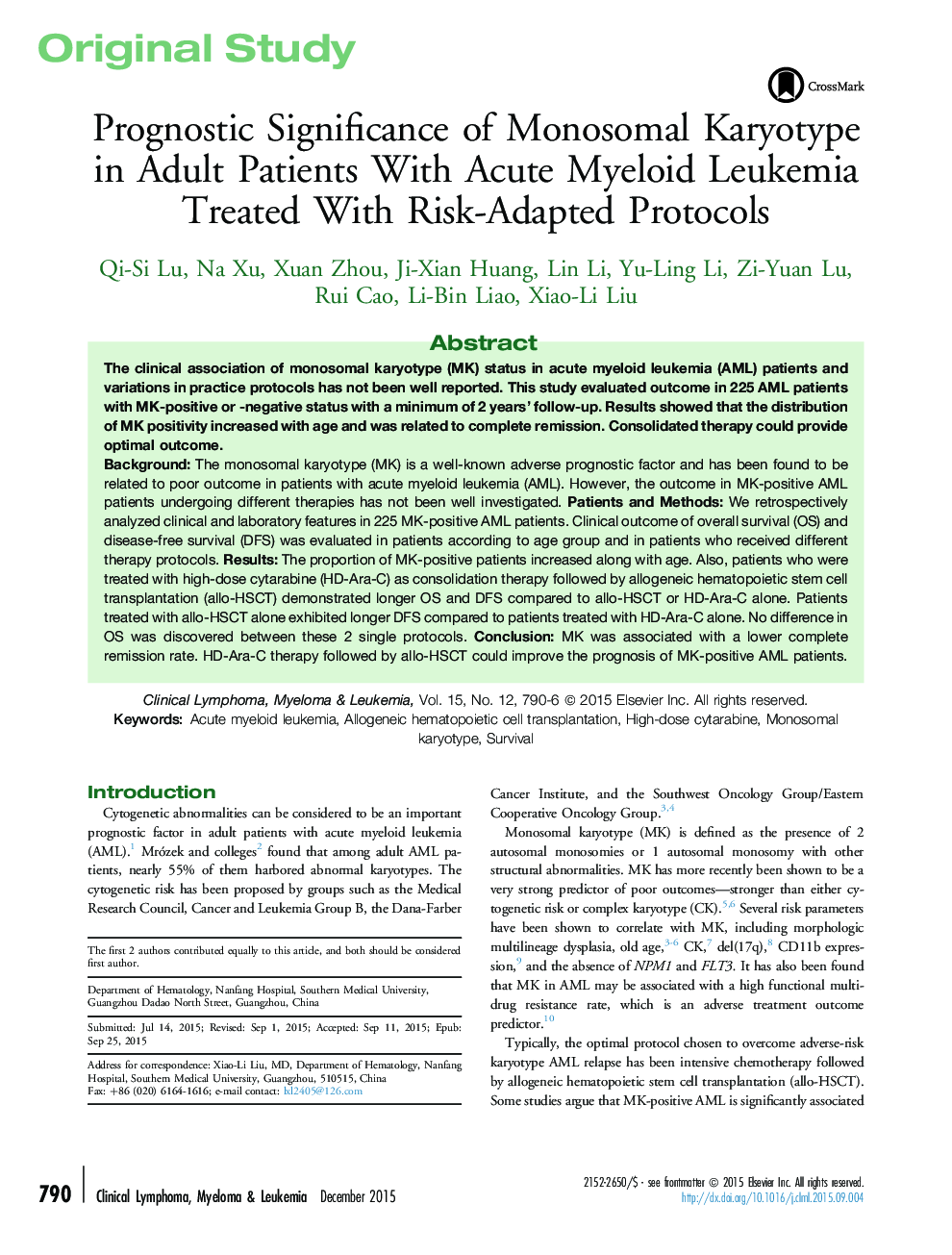 Prognostic Significance of Monosomal Karyotype in Adult Patients With Acute Myeloid Leukemia Treated With Risk-Adapted Protocols 