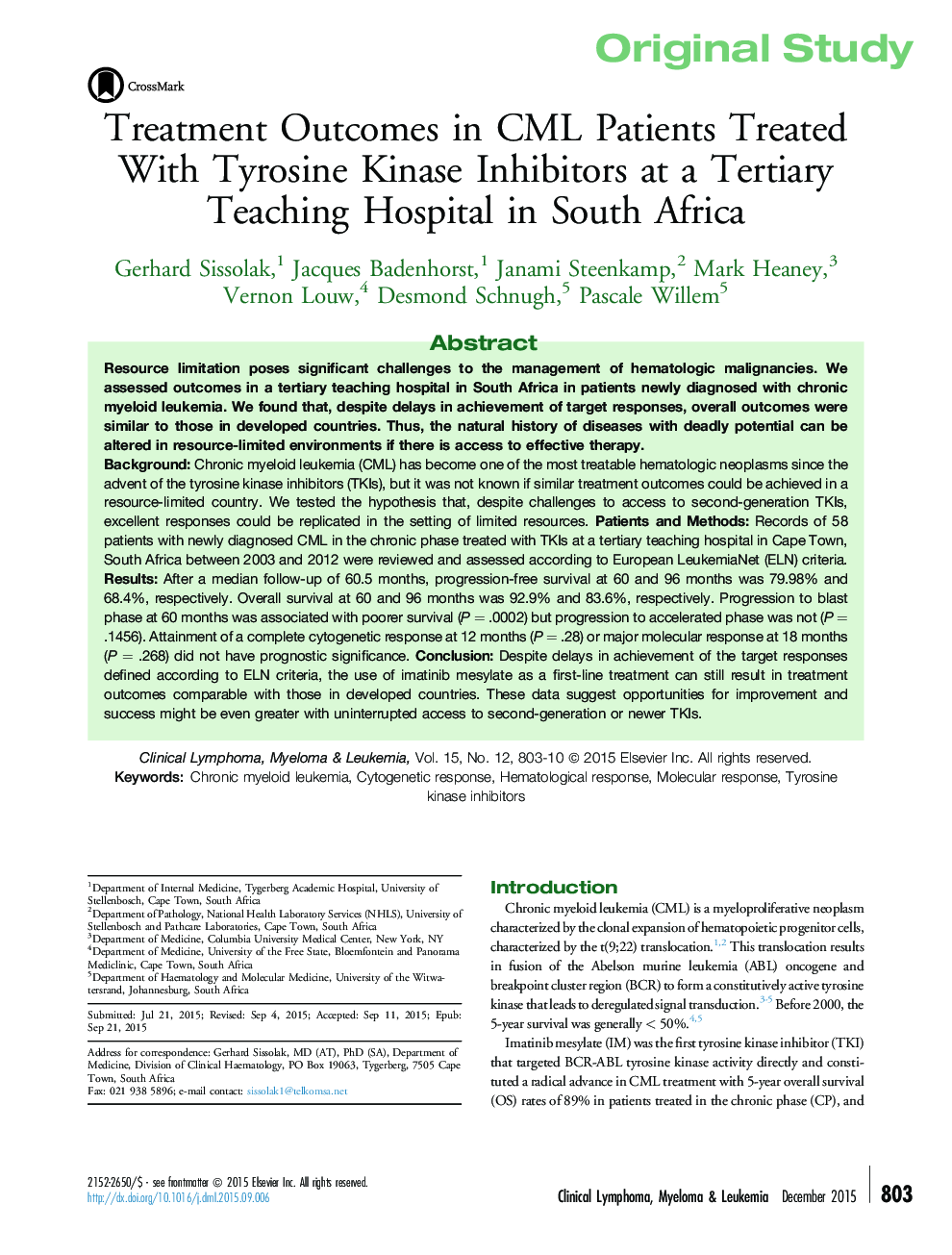 Treatment Outcomes in CML Patients Treated With Tyrosine Kinase Inhibitors at a Tertiary Teaching Hospital in South Africa