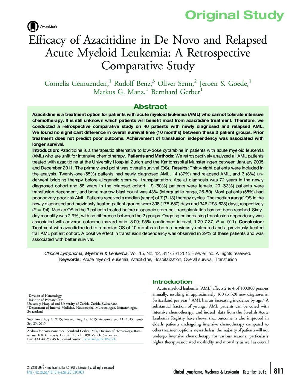 Efficacy of Azacitidine in De Novo and Relapsed Acute Myeloid Leukemia: A Retrospective Comparative Study