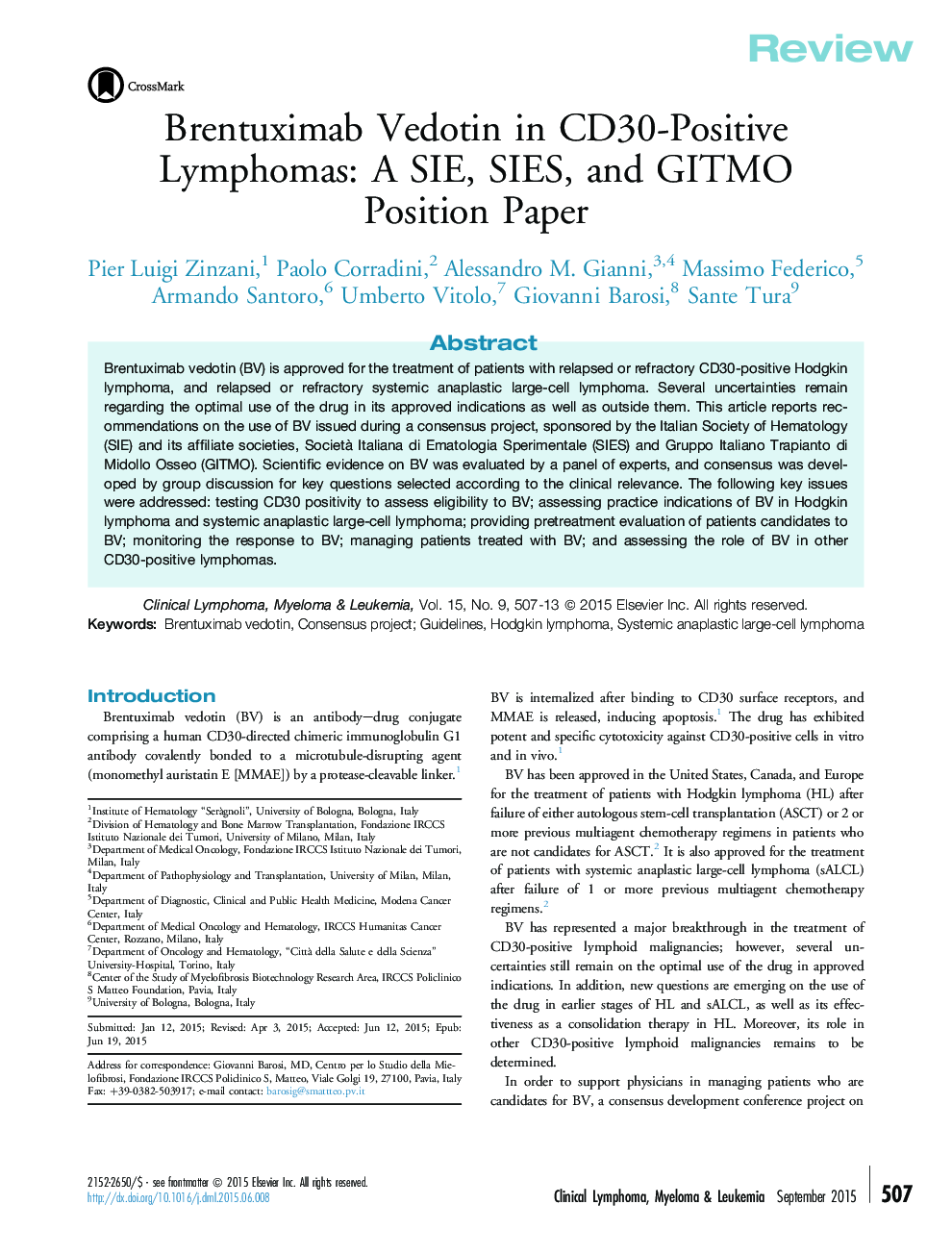 Brentuximab Vedotin in CD30-Positive Lymphomas: A SIE, SIES, and GITMO Position Paper