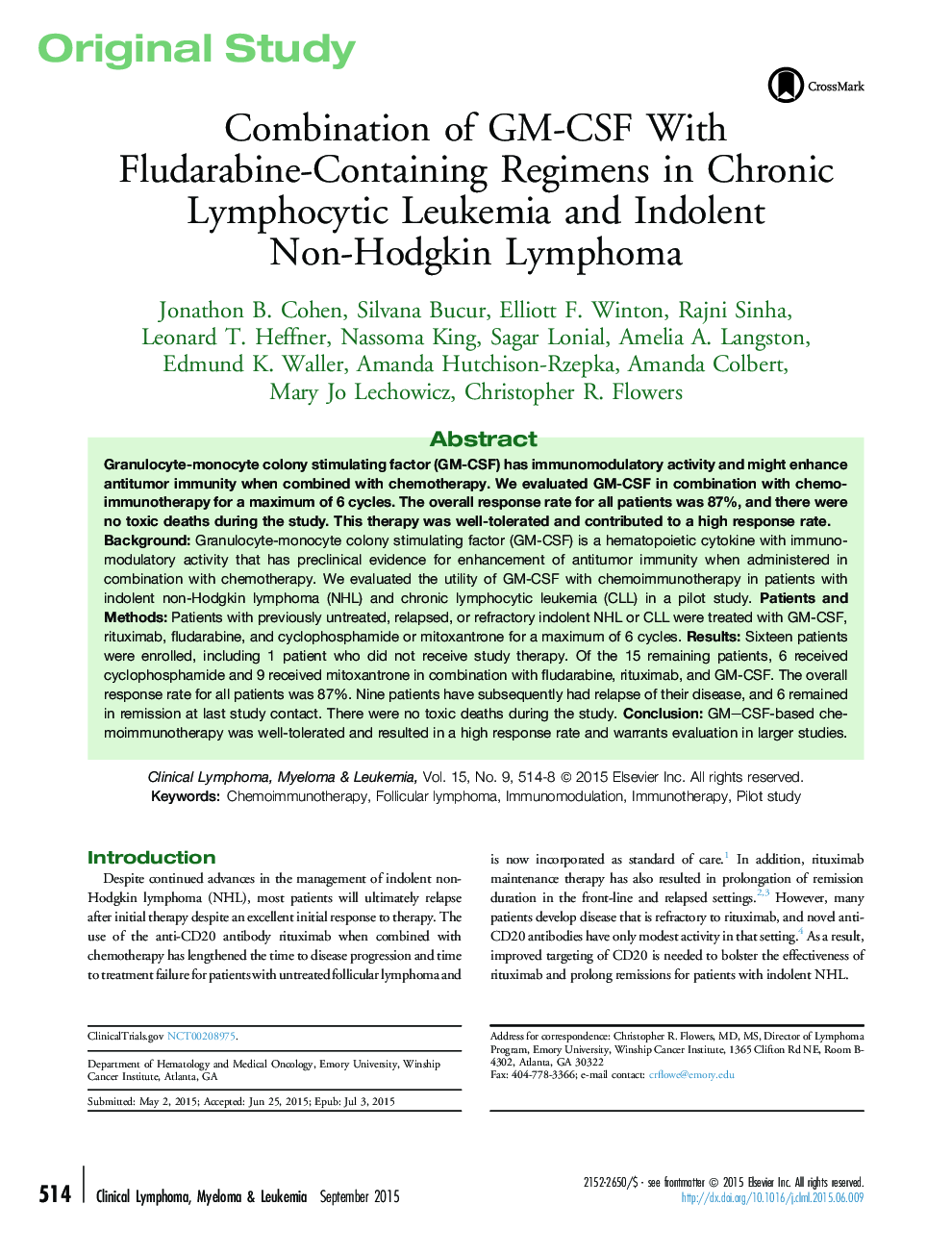 Combination of GM-CSF With Fludarabine-Containing Regimens in Chronic Lymphocytic Leukemia and Indolent Non-Hodgkin Lymphoma 