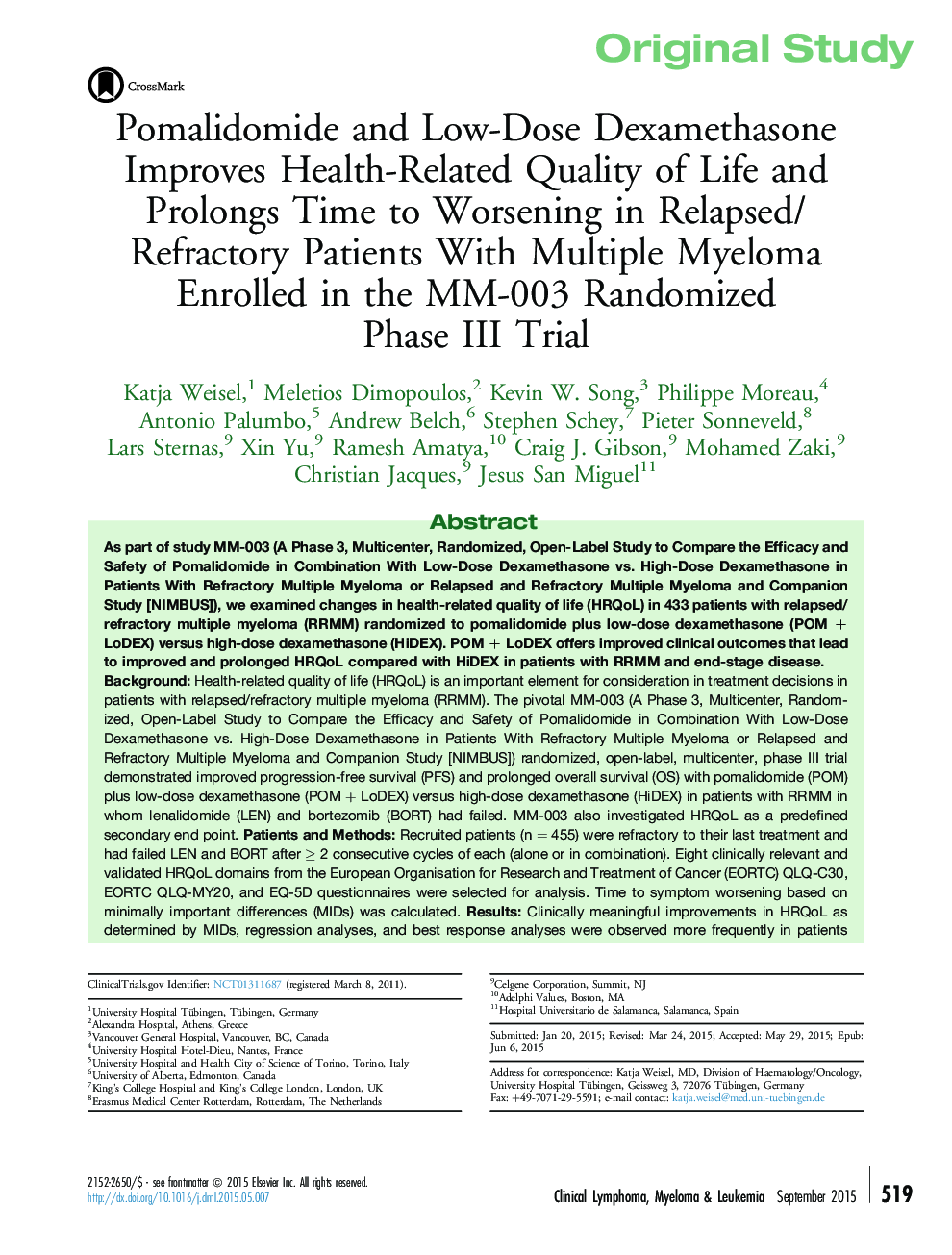 Pomalidomide and Low-Dose Dexamethasone Improves Health-Related Quality of Life and Prolongs Time to Worsening in Relapsed/Refractory Patients With Multiple Myeloma Enrolled in the MM-003 Randomized Phase III Trial 