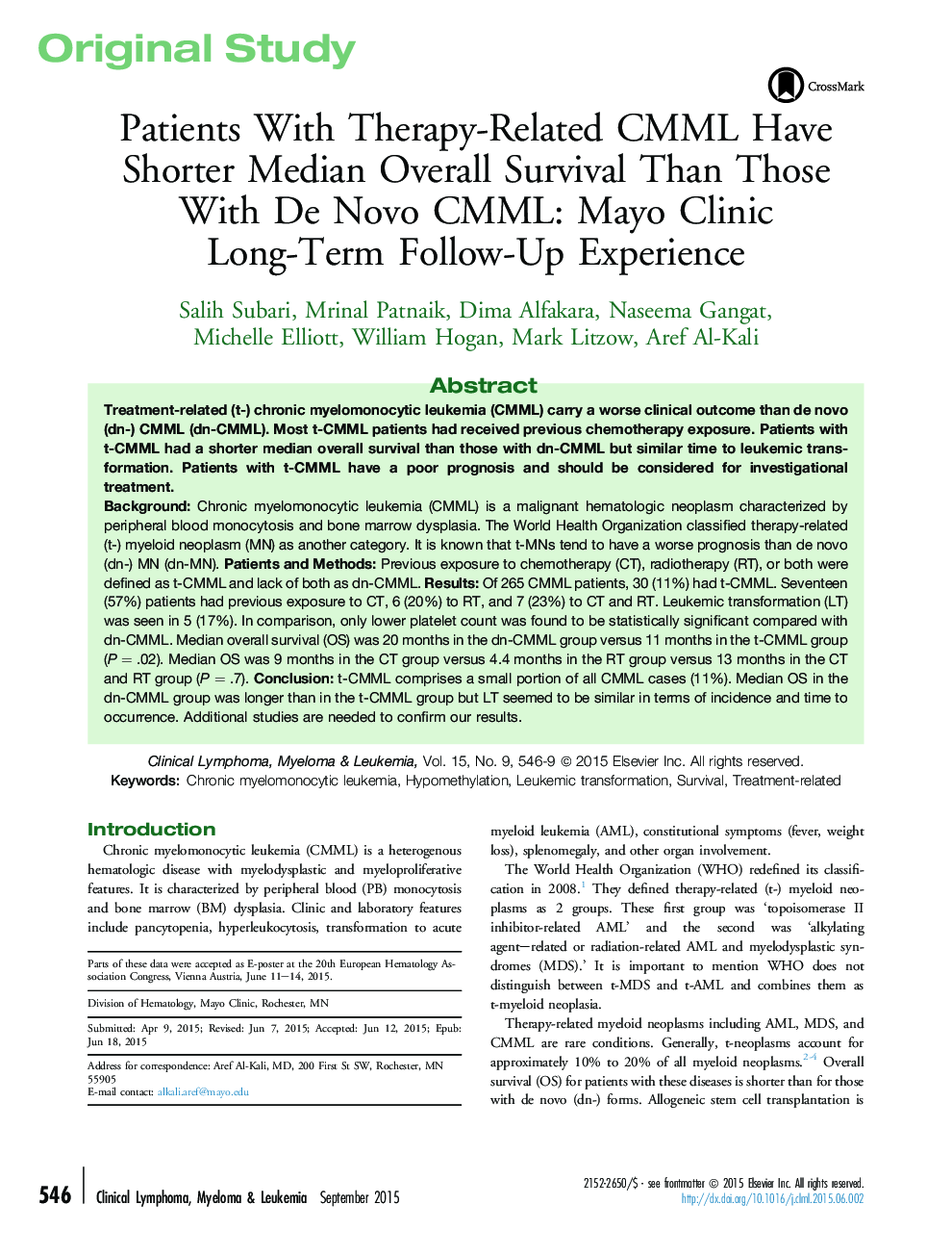 Patients With Therapy-Related CMML Have Shorter Median Overall Survival Than Those With De Novo CMML: Mayo Clinic Long-Term Follow-Up Experience 