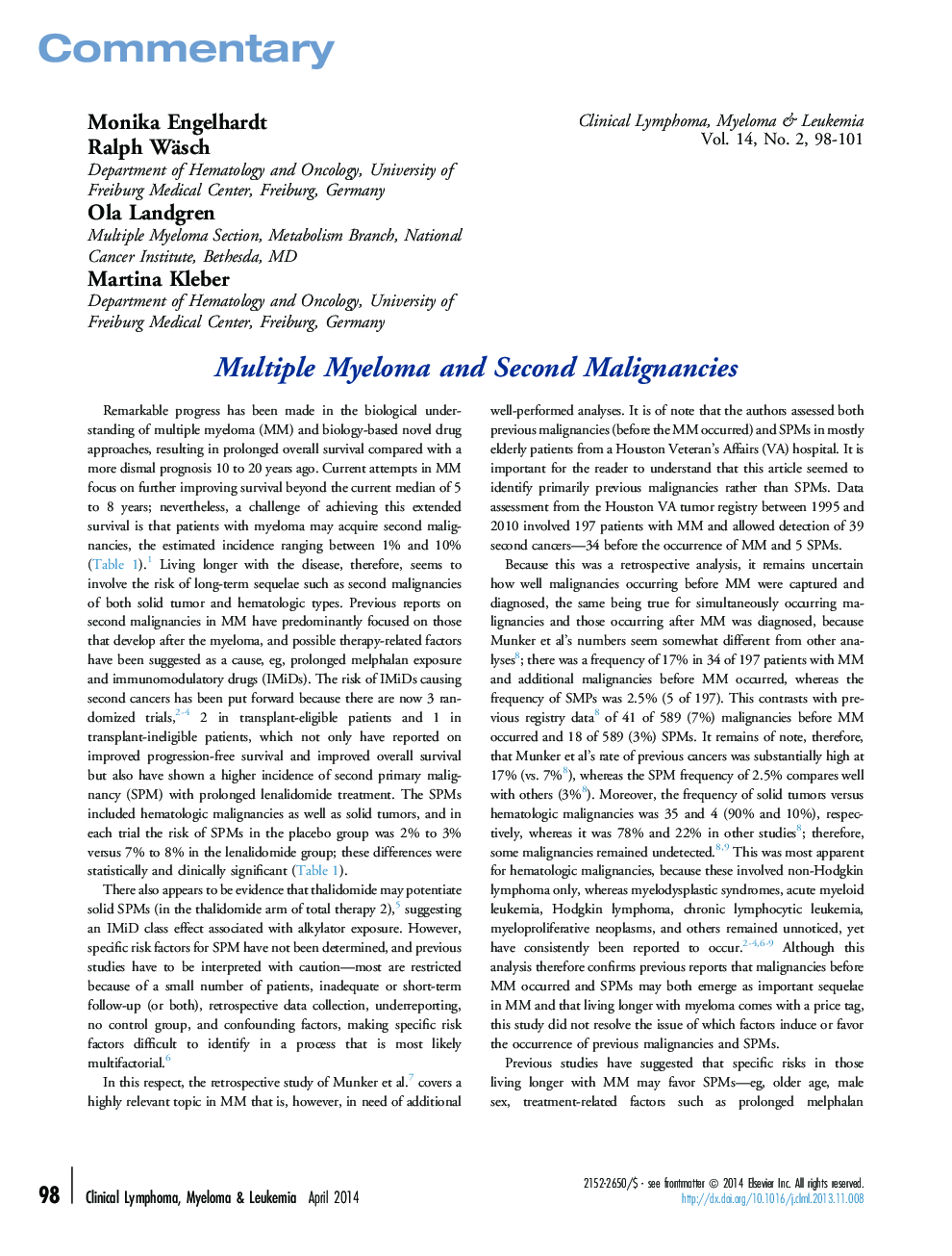 Multiple Myeloma and Second Malignancies