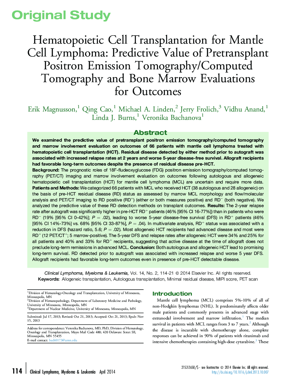 Hematopoietic Cell Transplantation for Mantle Cell Lymphoma: Predictive Value of Pretransplant Positron Emission Tomography/Computed Tomography and Bone Marrow Evaluations for Outcomes