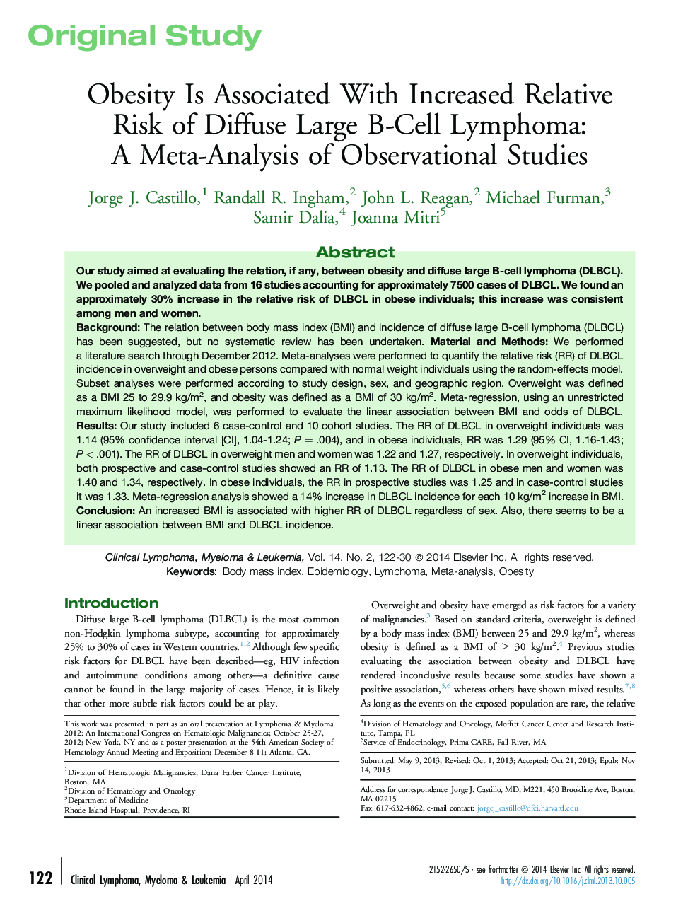 Obesity Is Associated With Increased Relative Risk of Diffuse Large B-Cell Lymphoma: A Meta-Analysis of Observational Studies