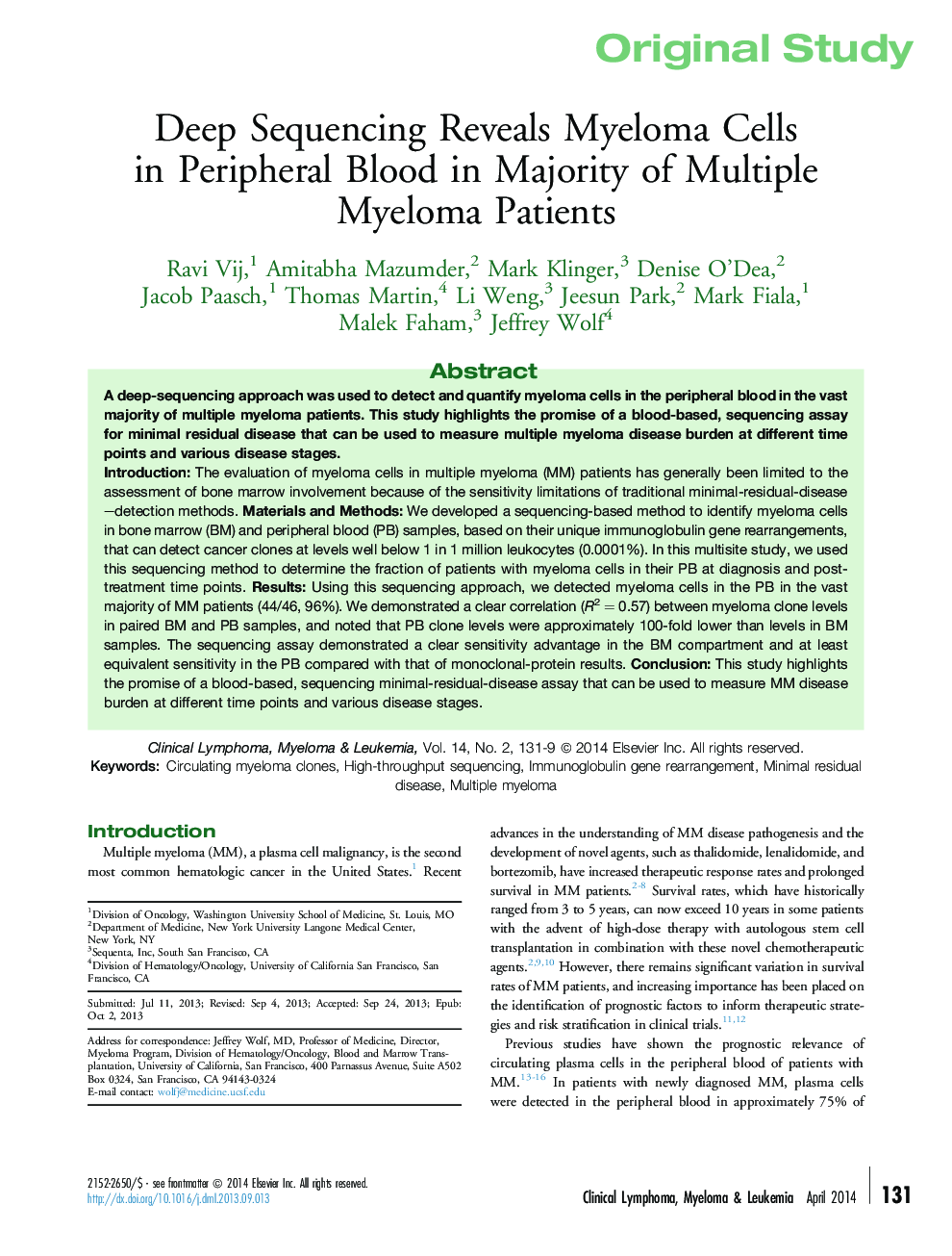 Deep Sequencing Reveals Myeloma Cells in Peripheral Blood in Majority of Multiple Myeloma Patients