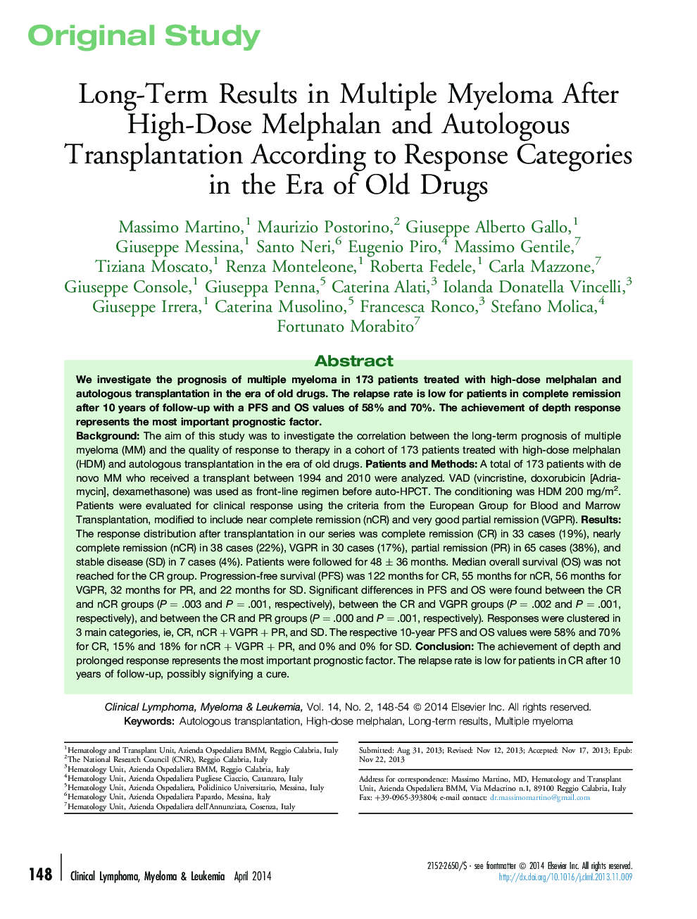 Long-Term Results in Multiple Myeloma After High-Dose Melphalan and Autologous Transplantation According to Response Categories in the Era of Old Drugs