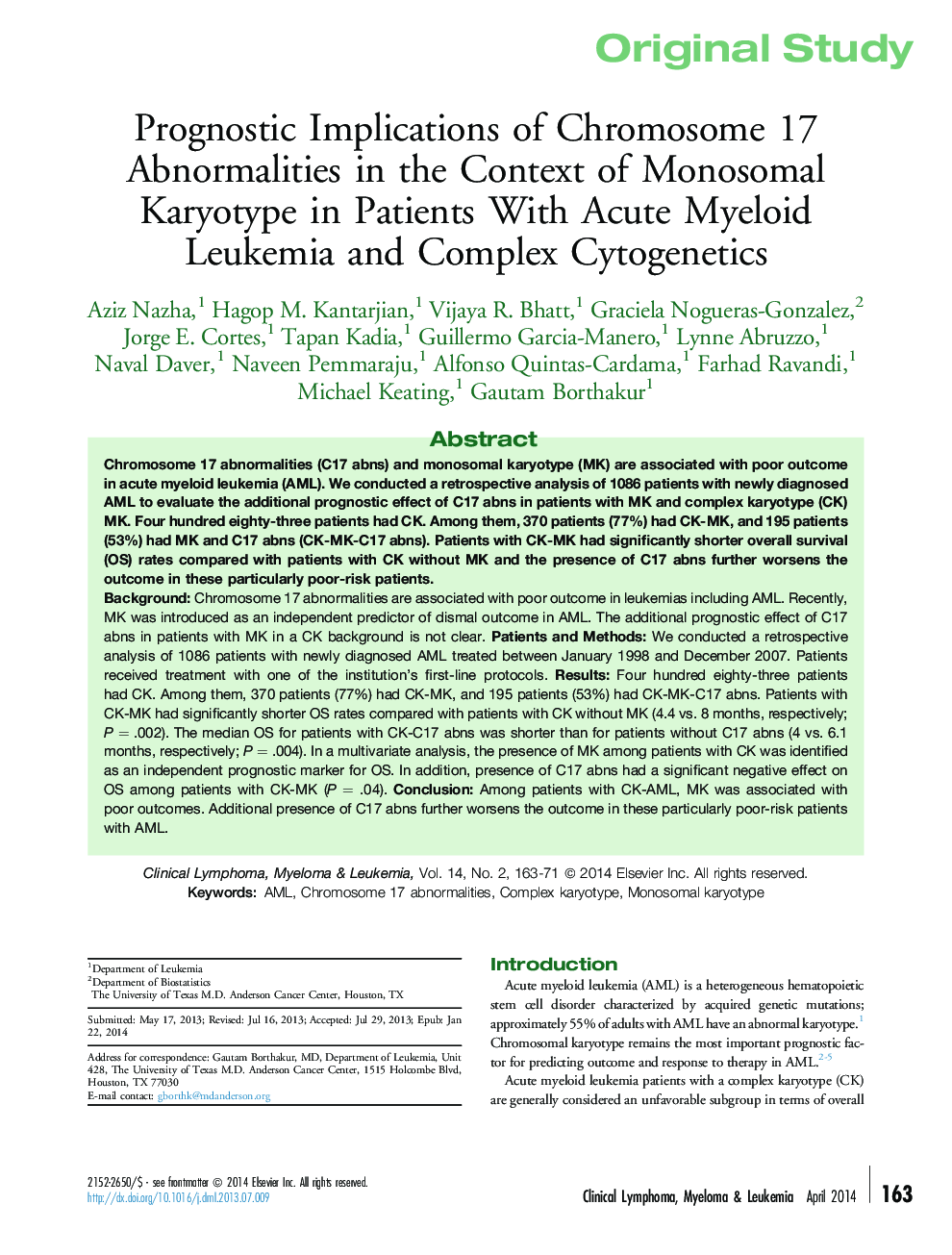 Prognostic Implications of Chromosome 17 Abnormalities in the Context of Monosomal Karyotype in Patients With Acute Myeloid Leukemia and Complex Cytogenetics