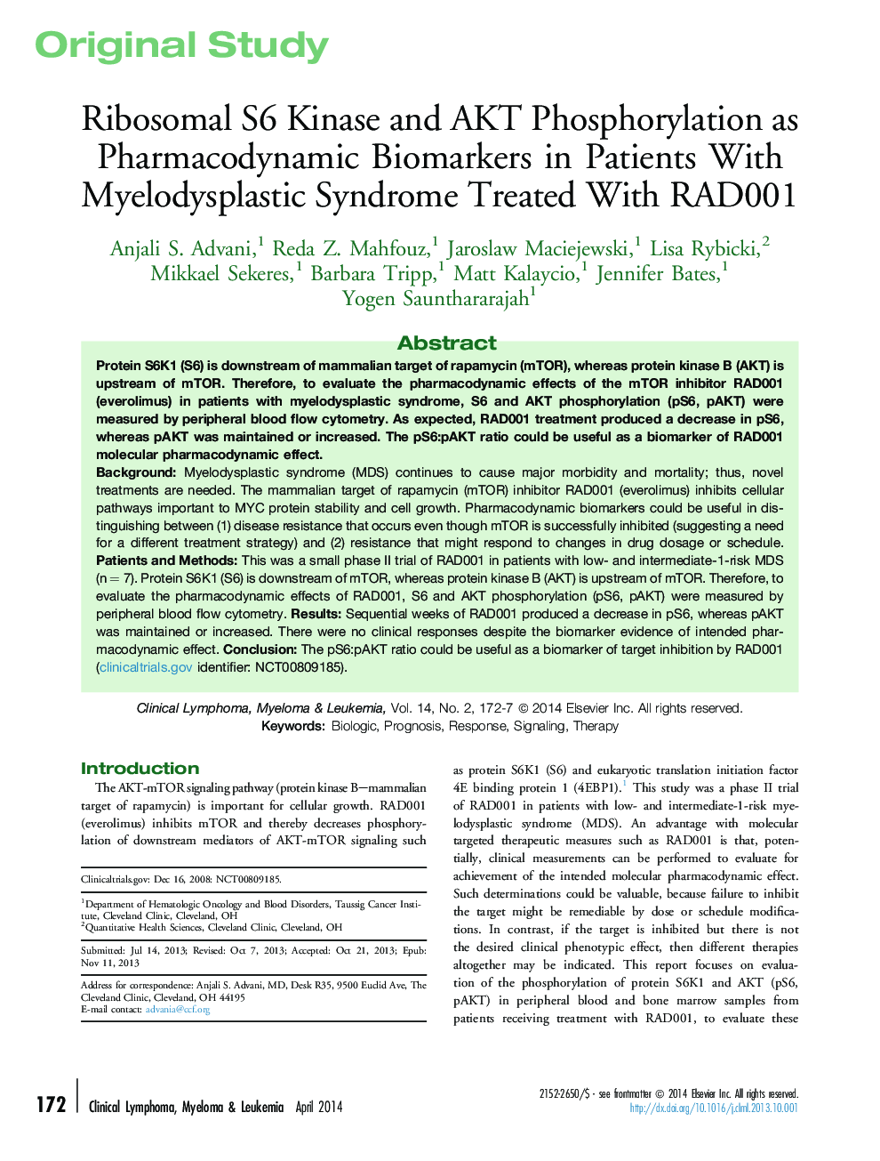 Ribosomal S6 Kinase and AKT Phosphorylation as Pharmacodynamic Biomarkers in Patients With Myelodysplastic Syndrome Treated With RAD001