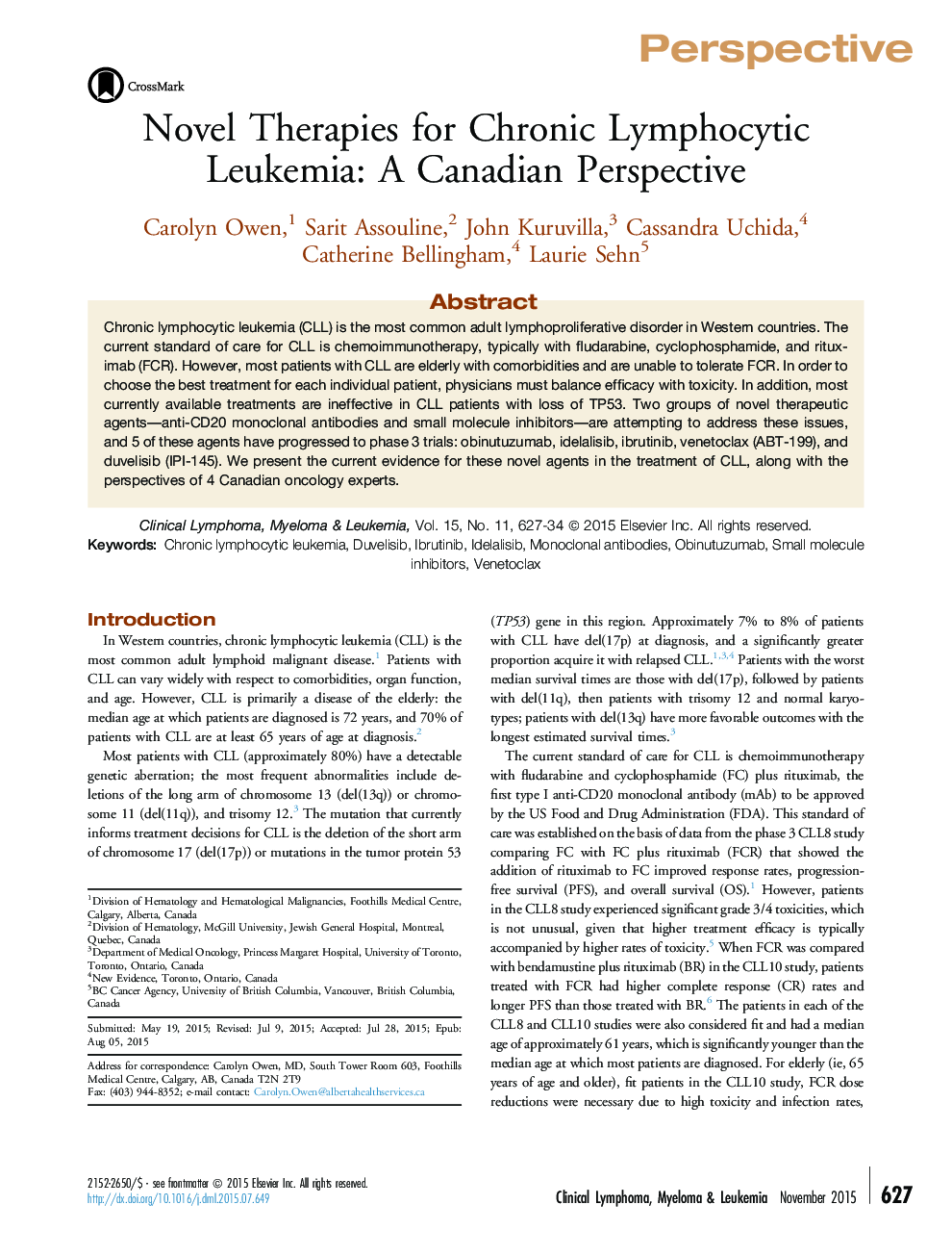 Novel Therapies for Chronic Lymphocytic Leukemia: A Canadian Perspective