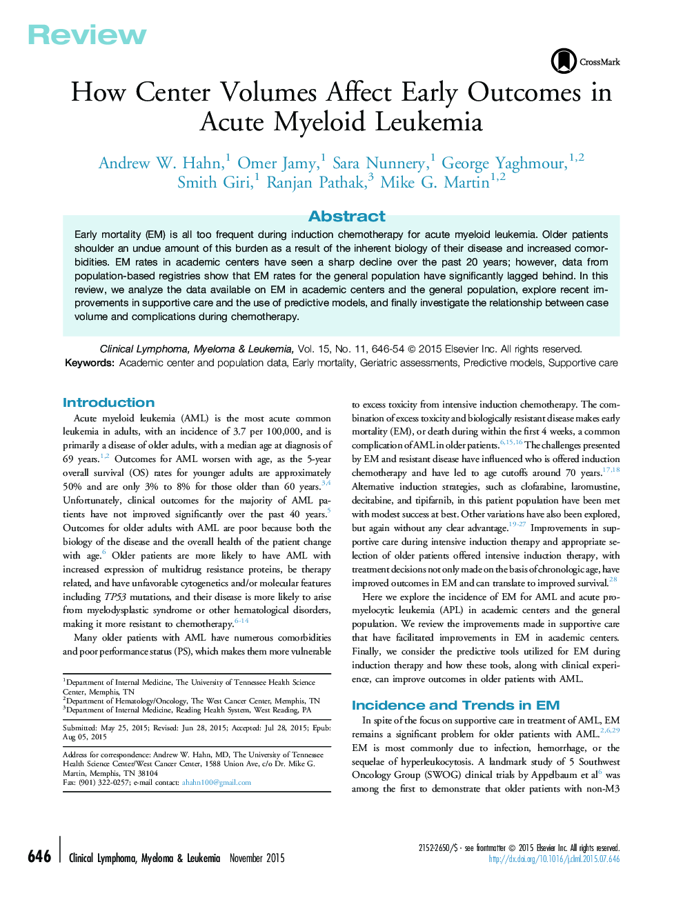 How Center Volumes Affect Early Outcomes in Acute Myeloid Leukemia