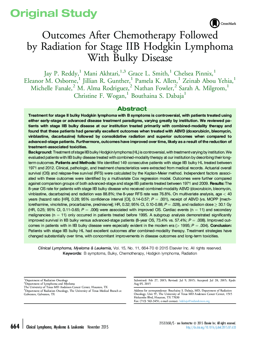 Outcomes After Chemotherapy Followed by Radiation for Stage IIB Hodgkin Lymphoma With Bulky Disease