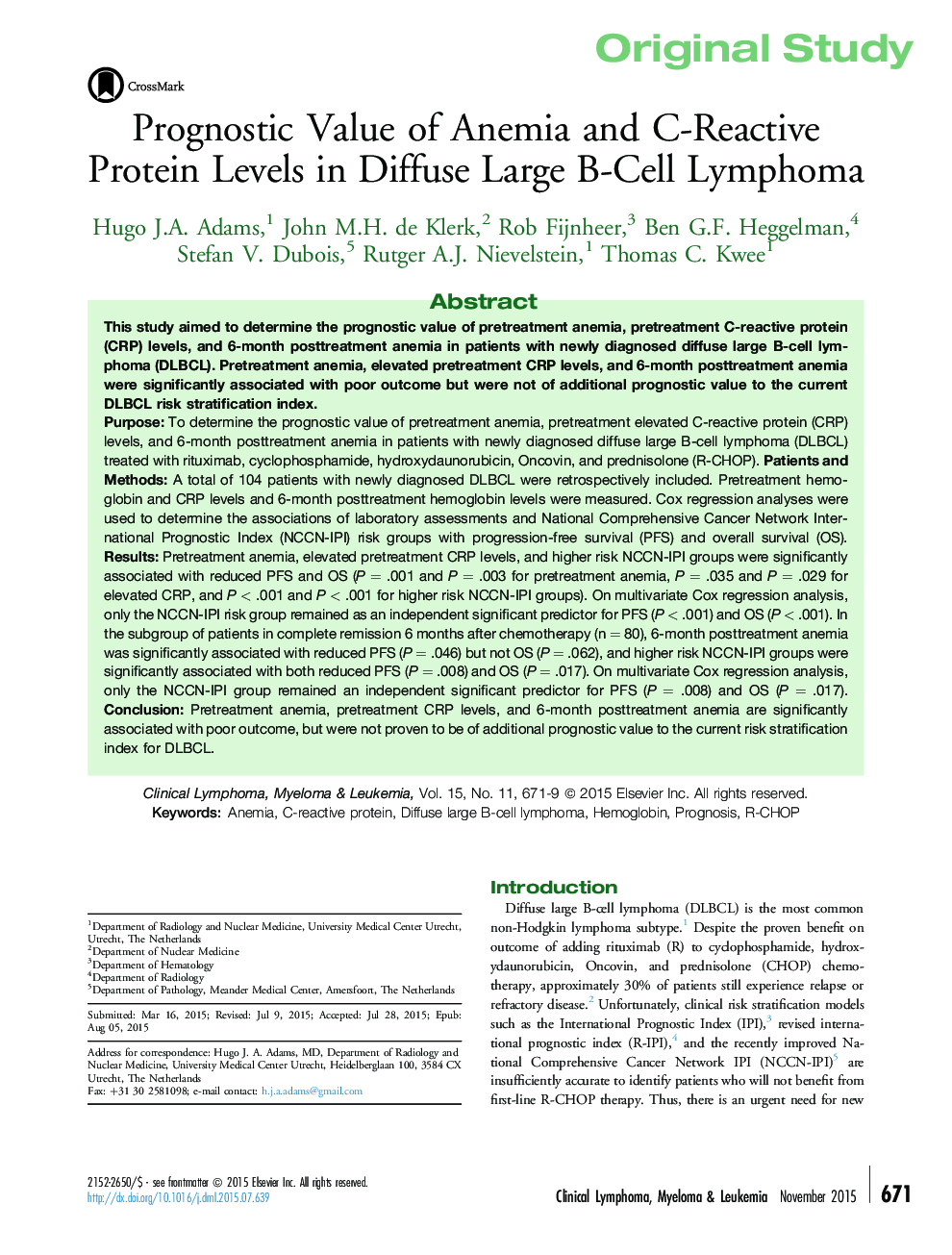 Prognostic Value of Anemia and C-Reactive Protein Levels in Diffuse Large B-Cell Lymphoma