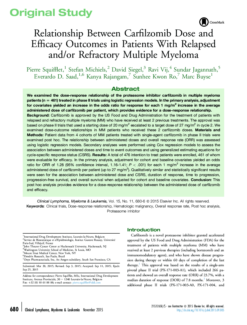 Relationship Between Carfilzomib Dose and Efficacy Outcomes in Patients With Relapsed and/or Refractory Multiple Myeloma