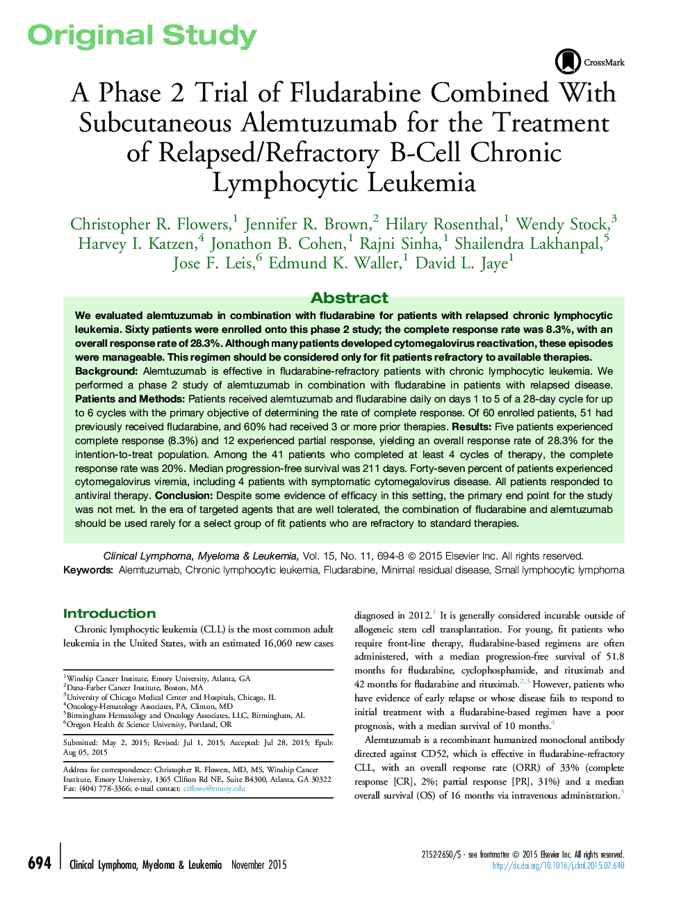 A Phase 2 Trial of Fludarabine Combined With Subcutaneous Alemtuzumab for the Treatment of Relapsed/Refractory B-Cell Chronic Lymphocytic Leukemia