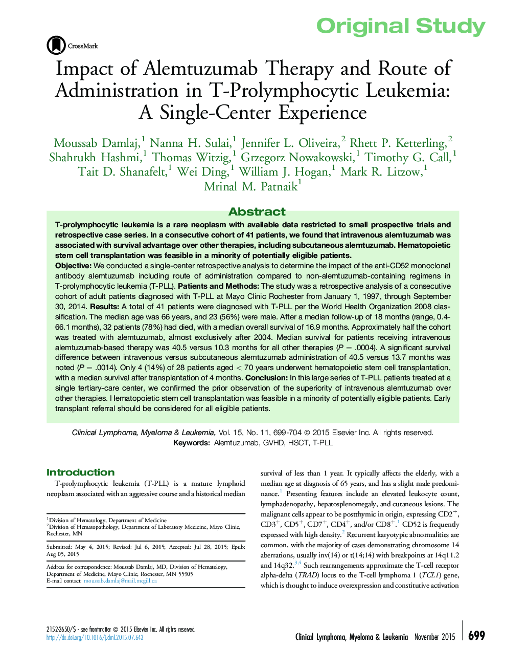 Impact of Alemtuzumab Therapy and Route of Administration in T-Prolymphocytic Leukemia: A Single-Center Experience