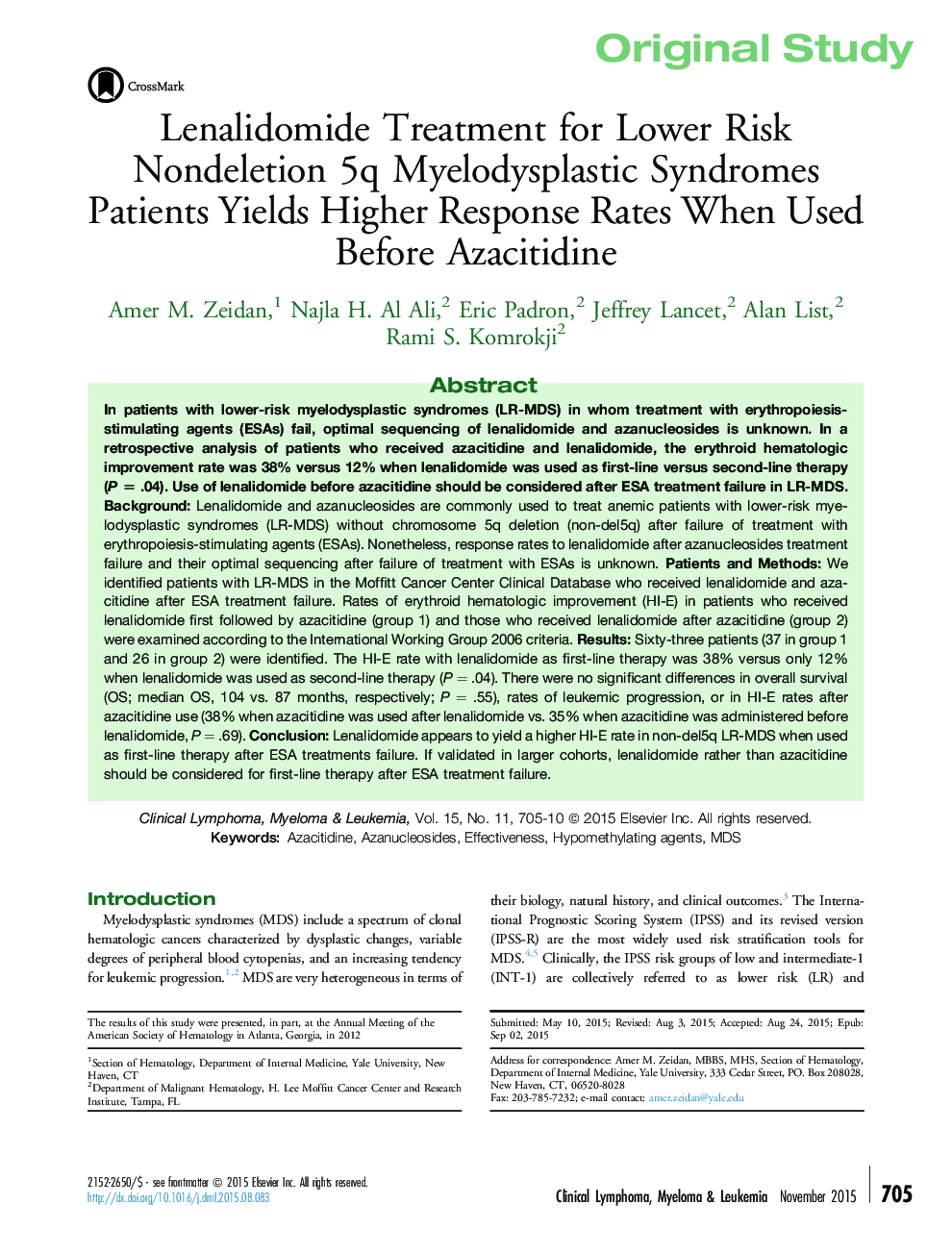 Lenalidomide Treatment for Lower Risk Nondeletion 5q Myelodysplastic Syndromes Patients Yields Higher Response Rates When Used Before Azacitidine