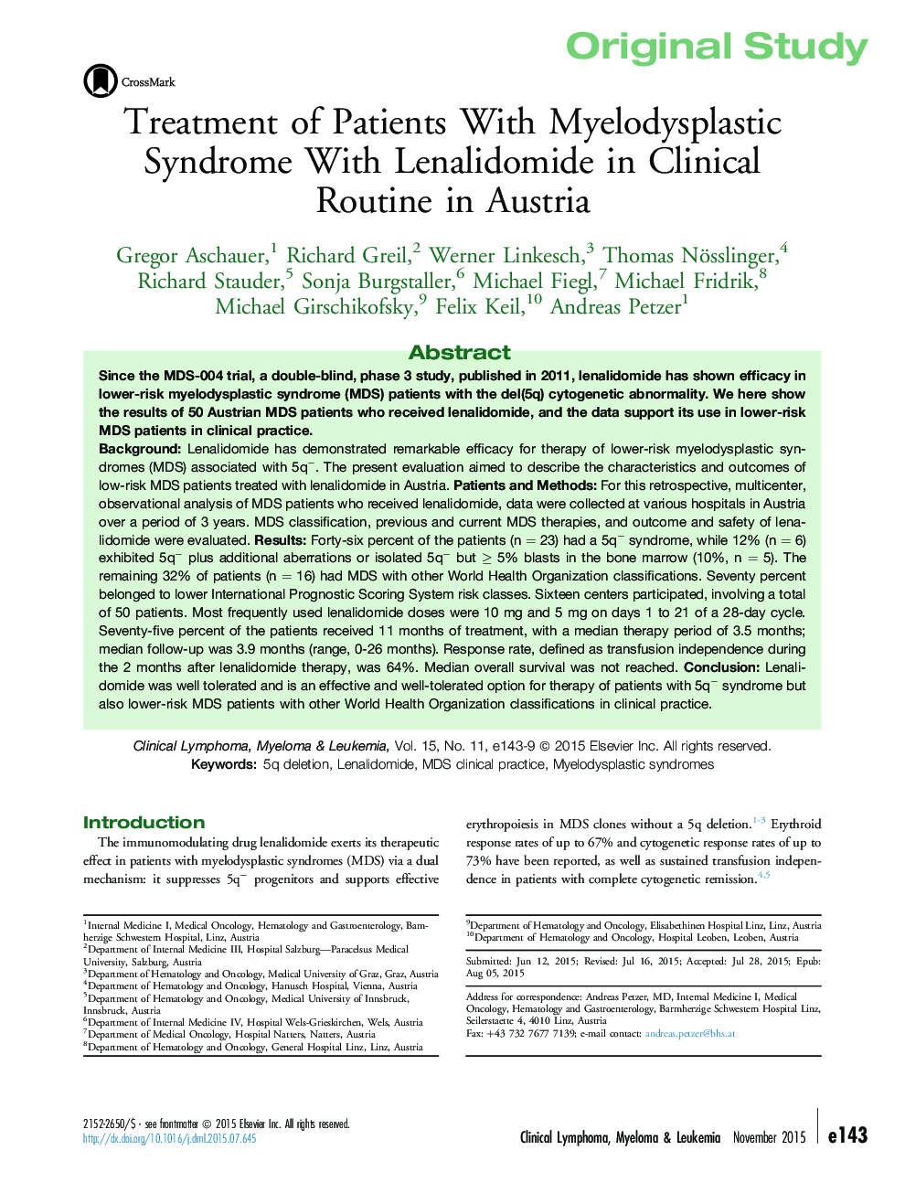 Treatment of Patients With Myelodysplastic Syndrome With Lenalidomide in Clinical Routine in Austria