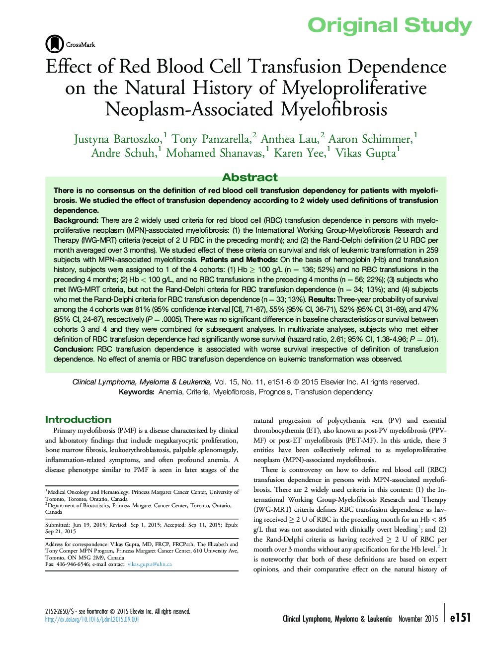 Effect of Red Blood Cell Transfusion Dependence on the Natural History of Myeloproliferative Neoplasm-Associated Myelofibrosis