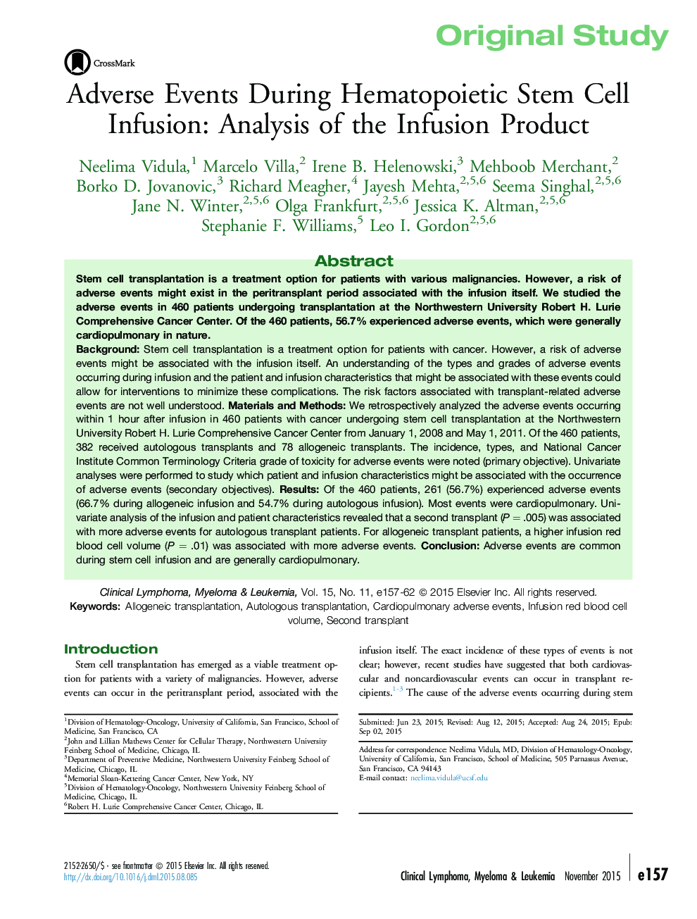 Adverse Events During Hematopoietic Stem Cell Infusion: Analysis of the Infusion Product