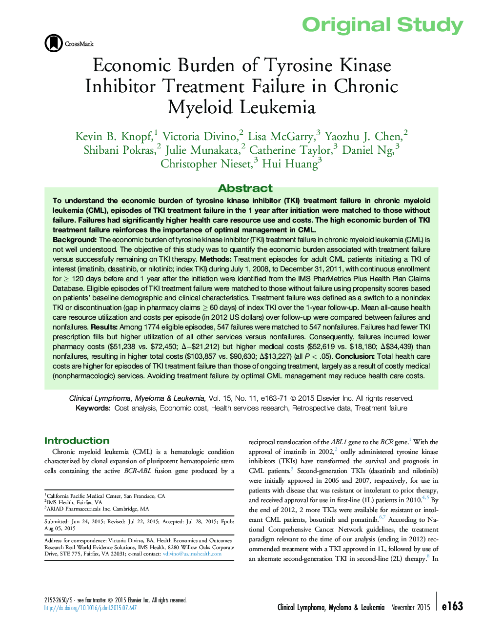 Economic Burden of Tyrosine Kinase Inhibitor Treatment Failure in Chronic Myeloid Leukemia