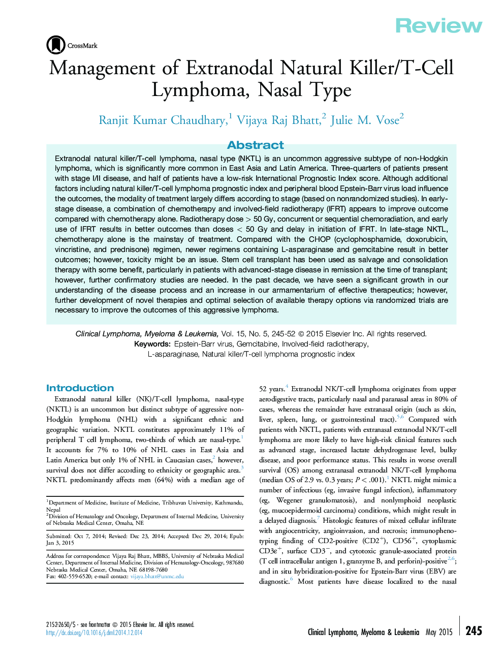 Management of Extranodal Natural Killer/T-Cell Lymphoma, Nasal Type