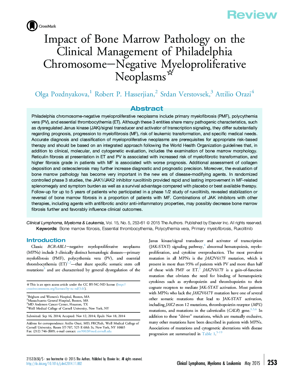 Impact of Bone Marrow Pathology on the Clinical Management of Philadelphia Chromosome–Negative Myeloproliferative Neoplasms 