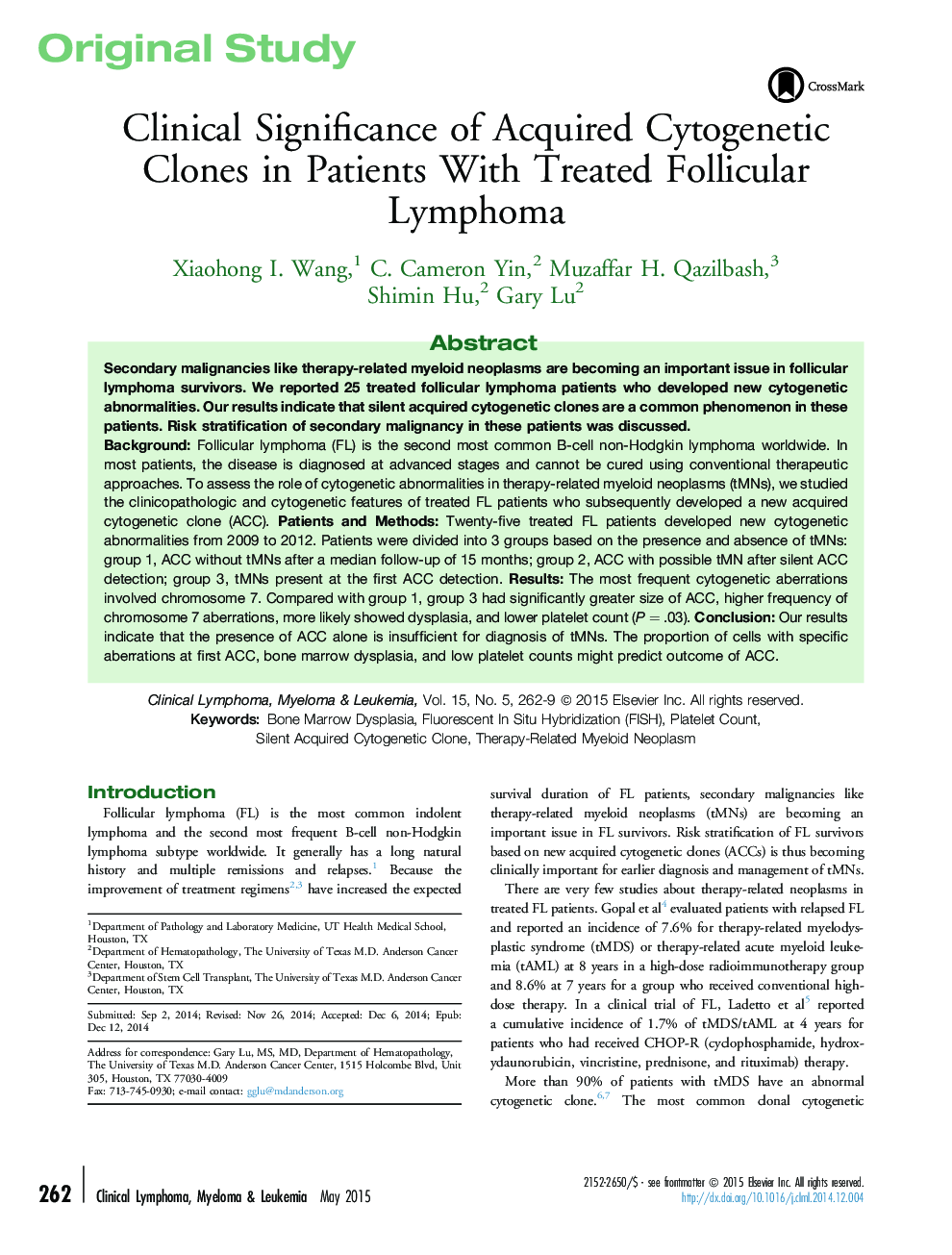 اهمیت بالینی کلون های سیتوژنتیک به دست آمده در بیماران مبتلا به لنفوم فولیکولار 