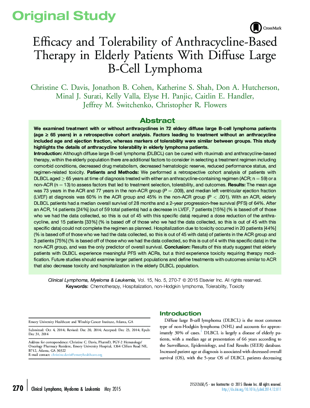 Efficacy and Tolerability of Anthracycline-Based Therapy in Elderly Patients With Diffuse Large B-Cell Lymphoma