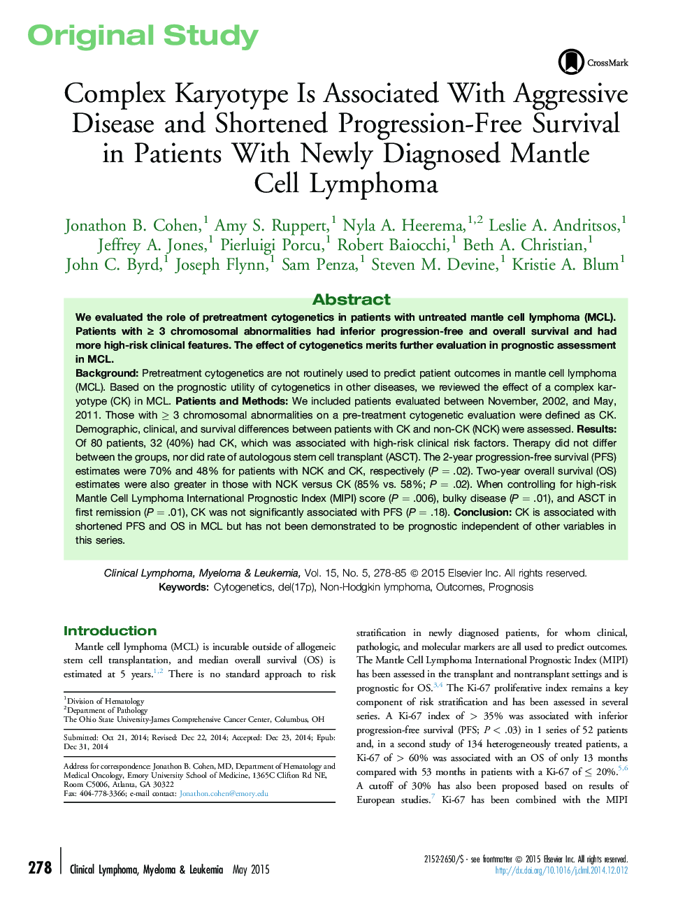 Complex Karyotype Is Associated With Aggressive Disease and Shortened Progression-Free Survival in Patients With Newly Diagnosed Mantle Cell Lymphoma