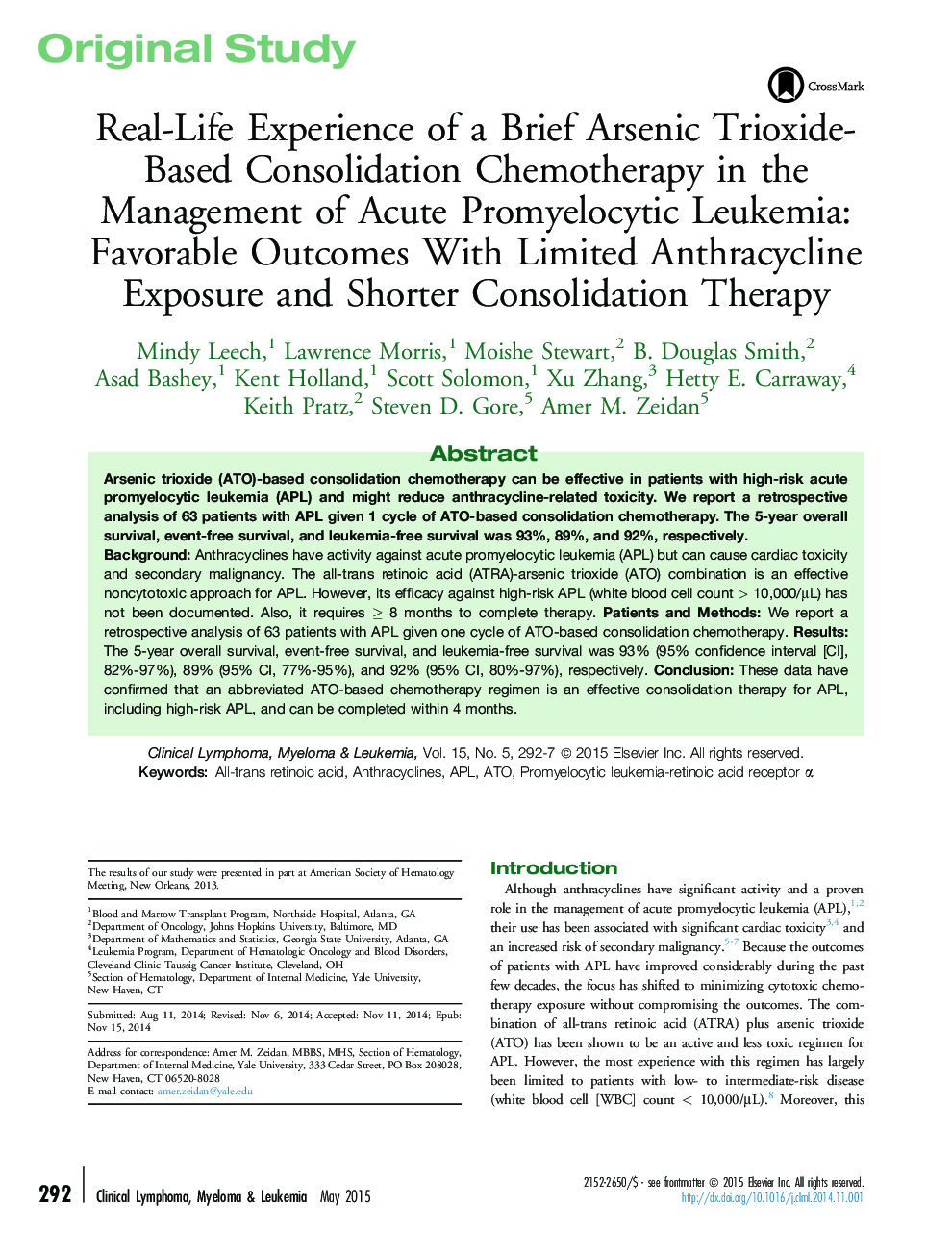 Real-Life Experience of a Brief Arsenic Trioxide-Based Consolidation Chemotherapy in the Management of Acute Promyelocytic Leukemia: Favorable Outcomes With Limited Anthracycline Exposure and Shorter Consolidation Therapy