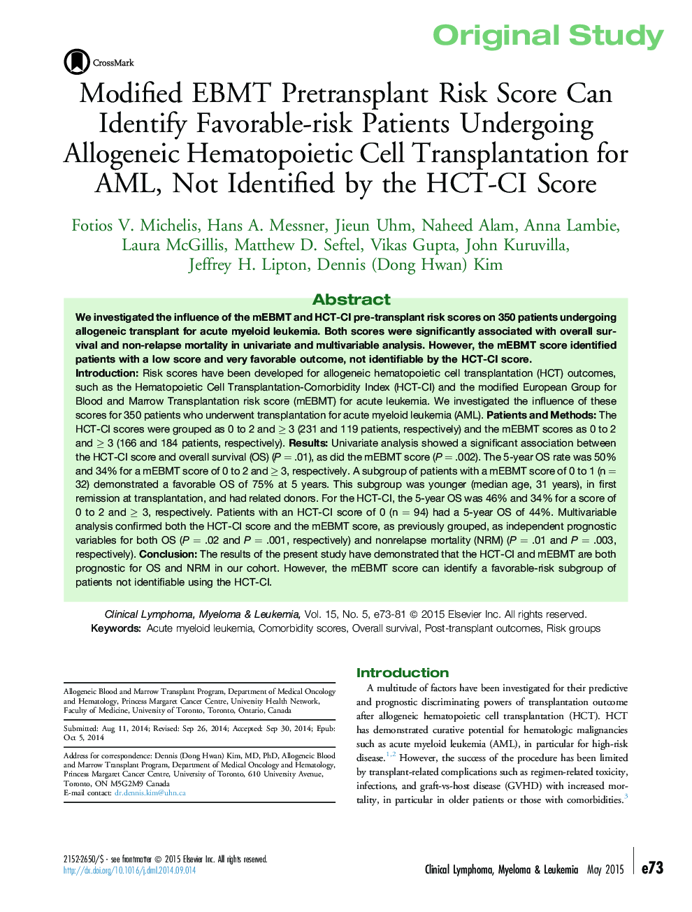 Modified EBMT Pretransplant Risk Score Can Identify Favorable-risk Patients Undergoing Allogeneic Hematopoietic Cell Transplantation for AML, Not Identified by the HCT-CI Score